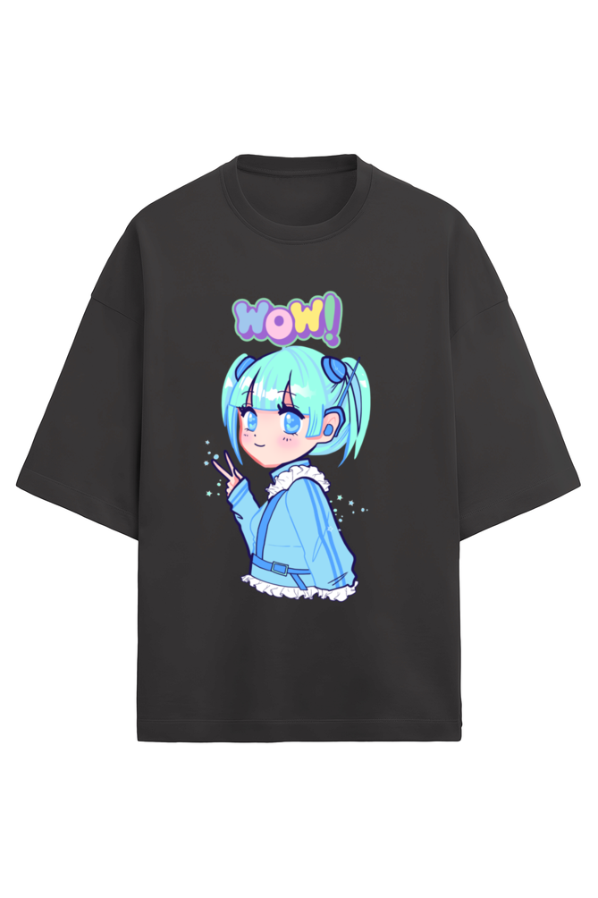 Terry Oversized T-Shirt with Girl Print and "WOW" Design – Make a Statement