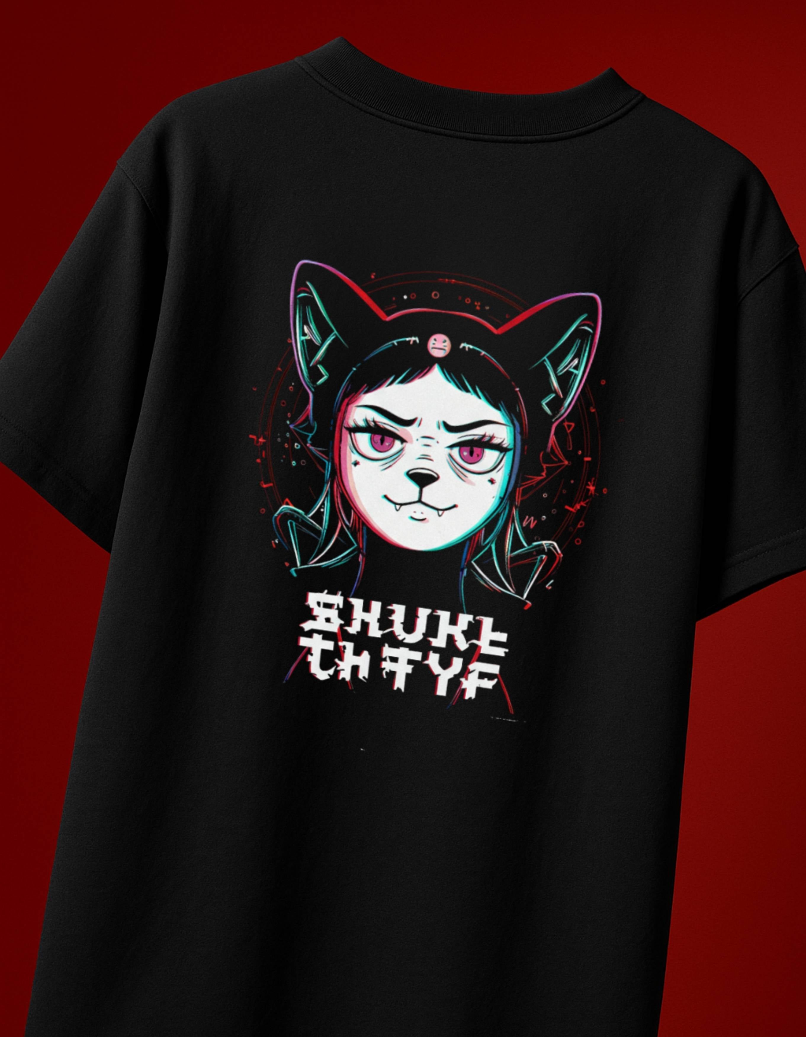 Cyber Cat Graphic Oversized T-Shirt
