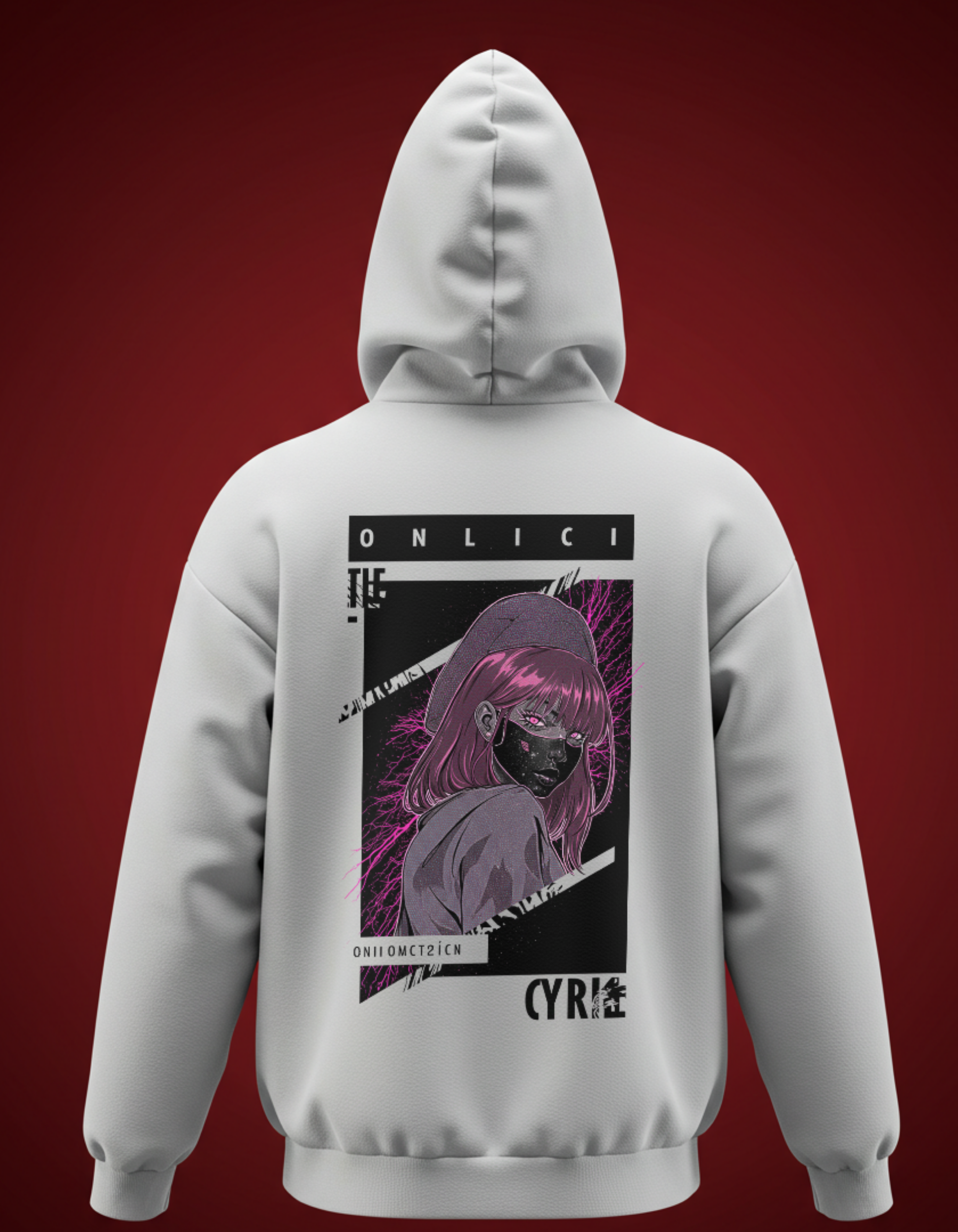 white Oversized Hoodie with Cyber Anime Graphic