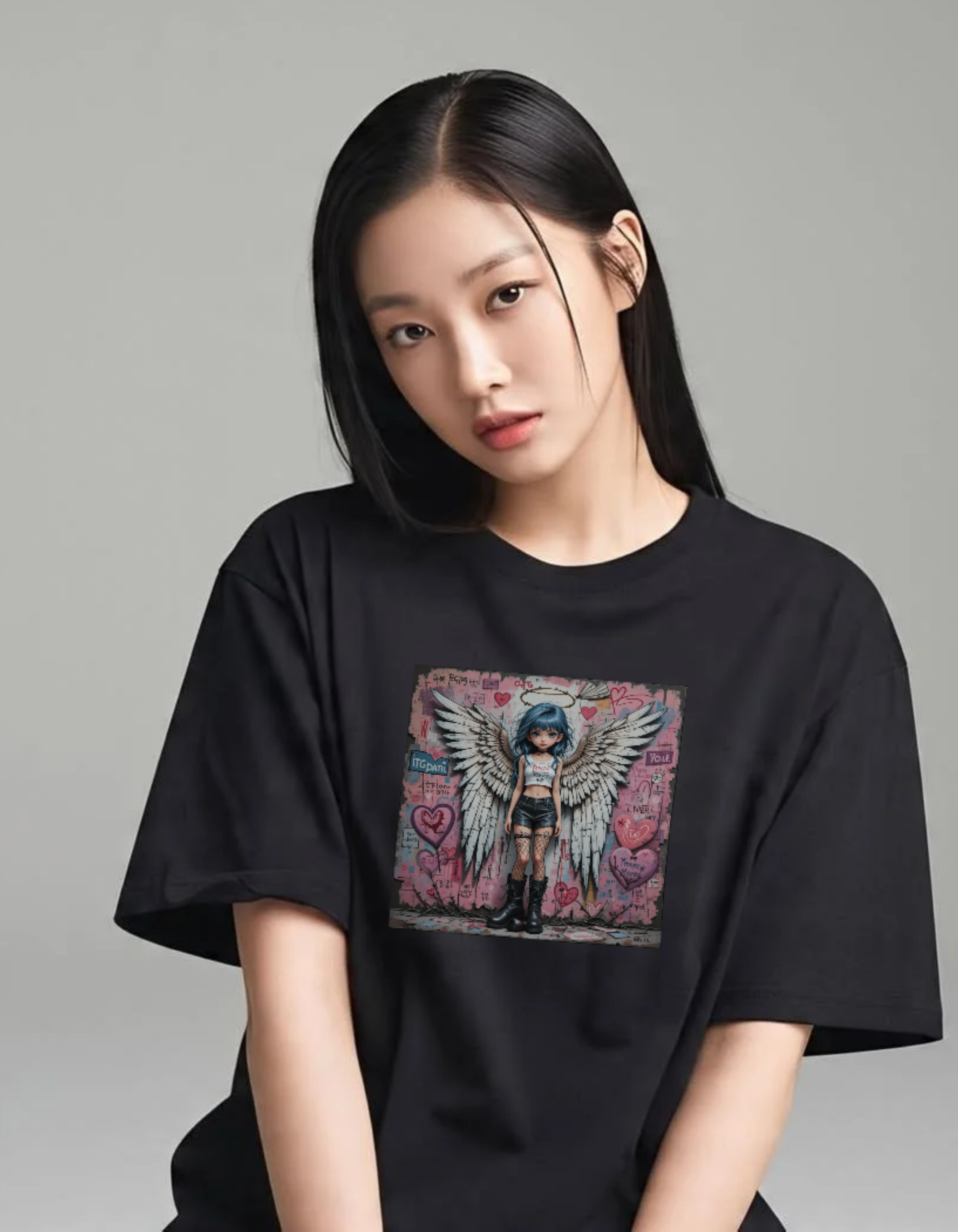 Angel Graffiti Oversized Black Tee