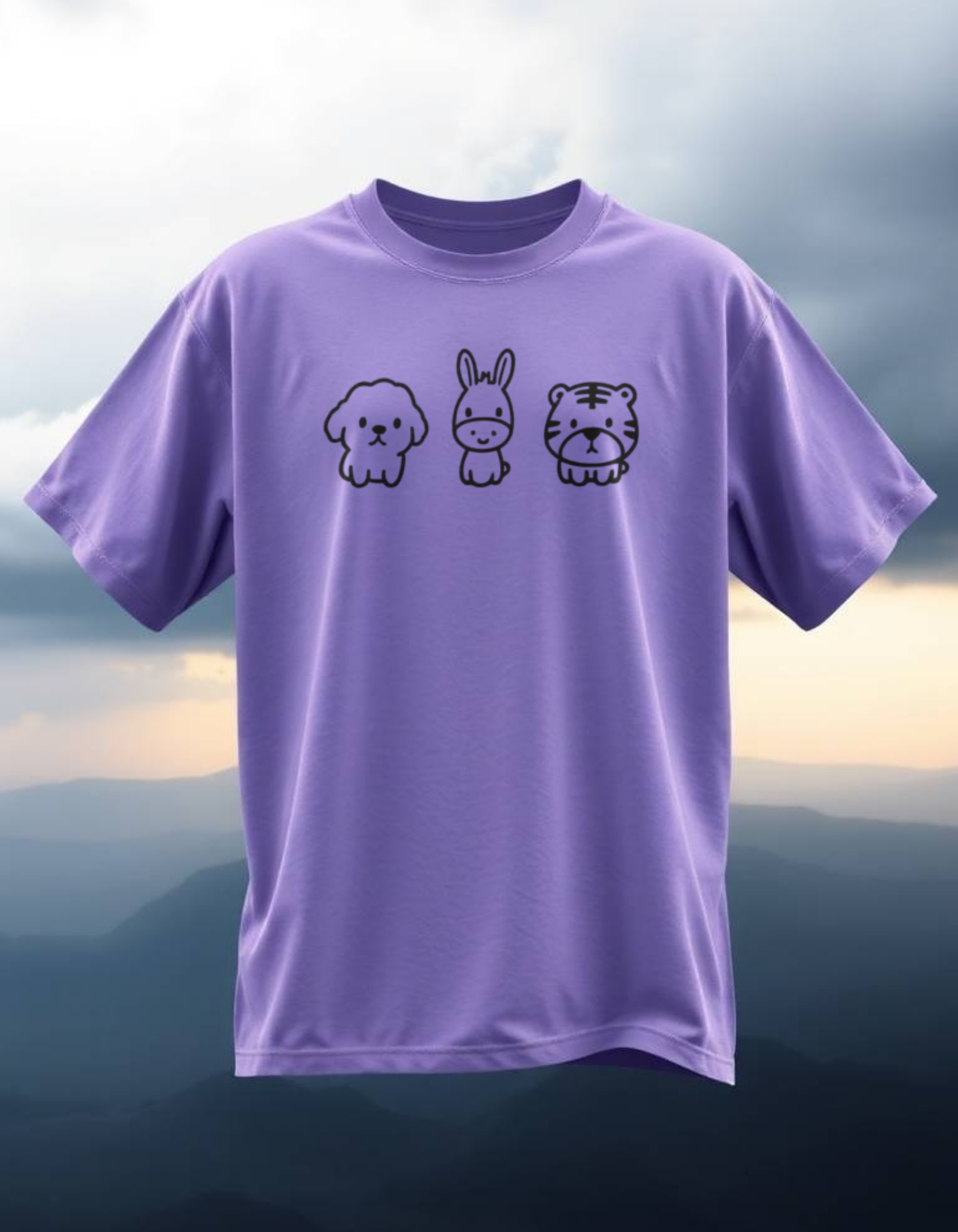 Lilac T-Shirt with Cute Animal Faces