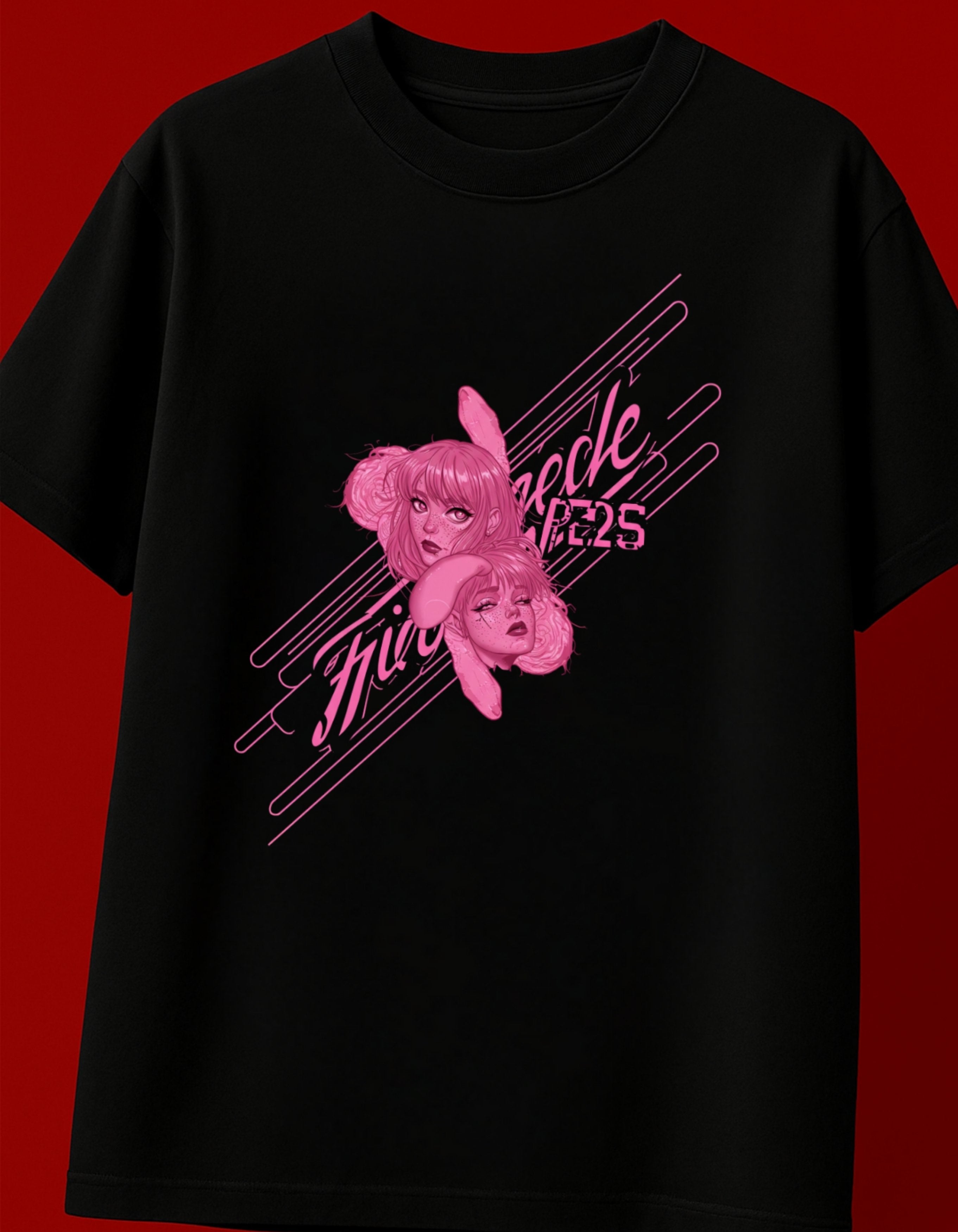 Pink Double Face Graphic Oversized T-Shirt