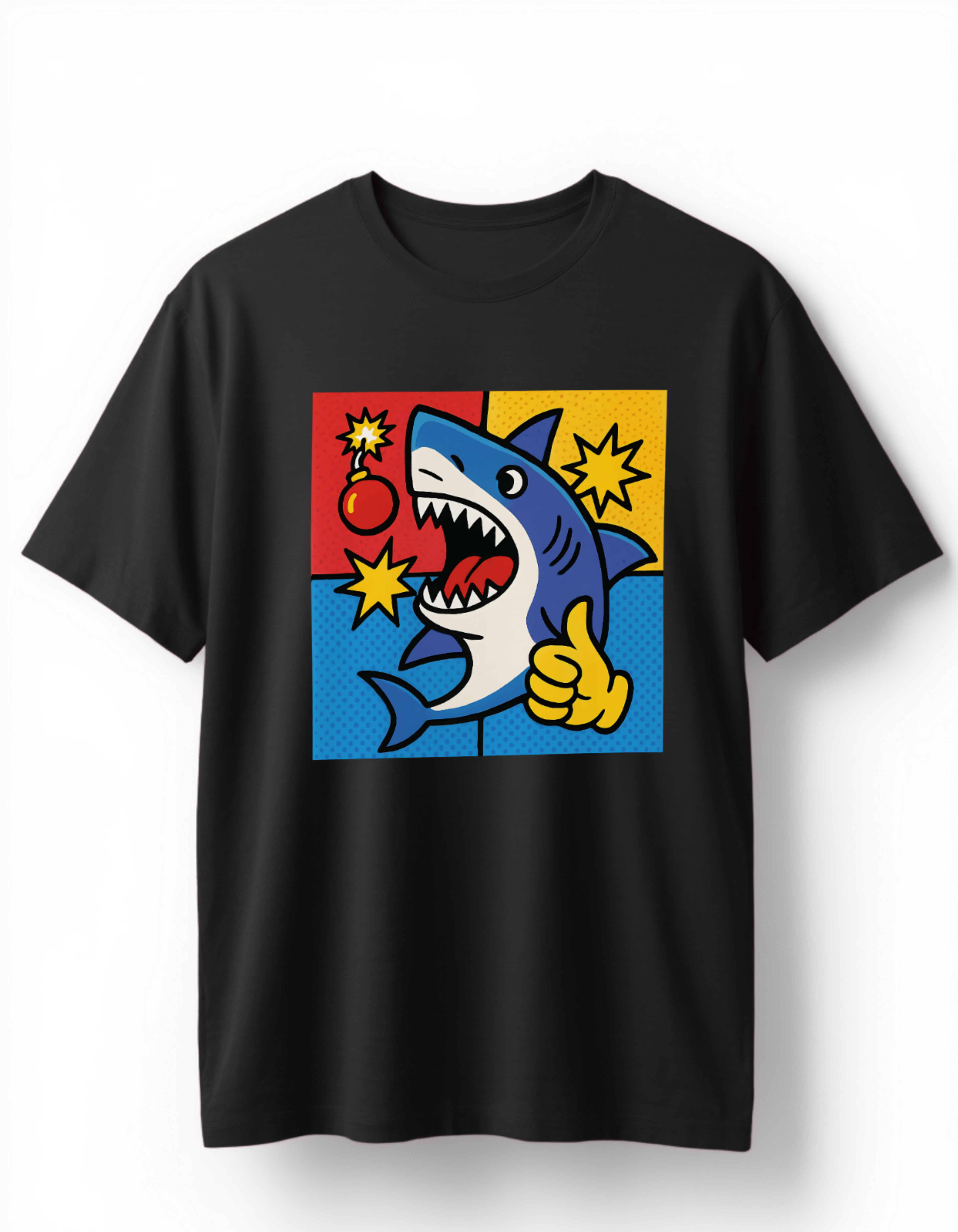 Pop Art Shark Graphic Oversized Black T-Shirt
