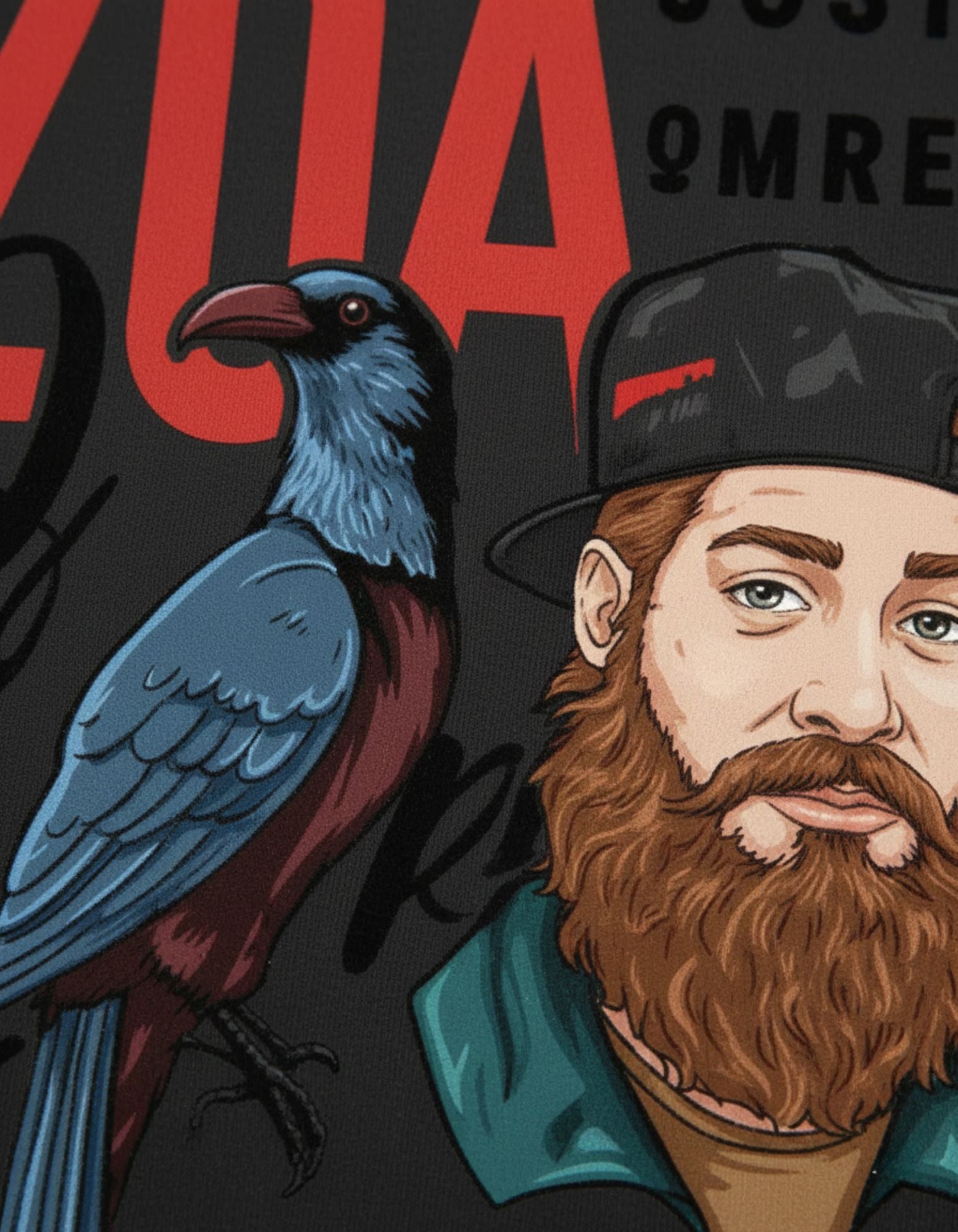 Illustration of a man with a beard and a blue bird on a dark background with text.