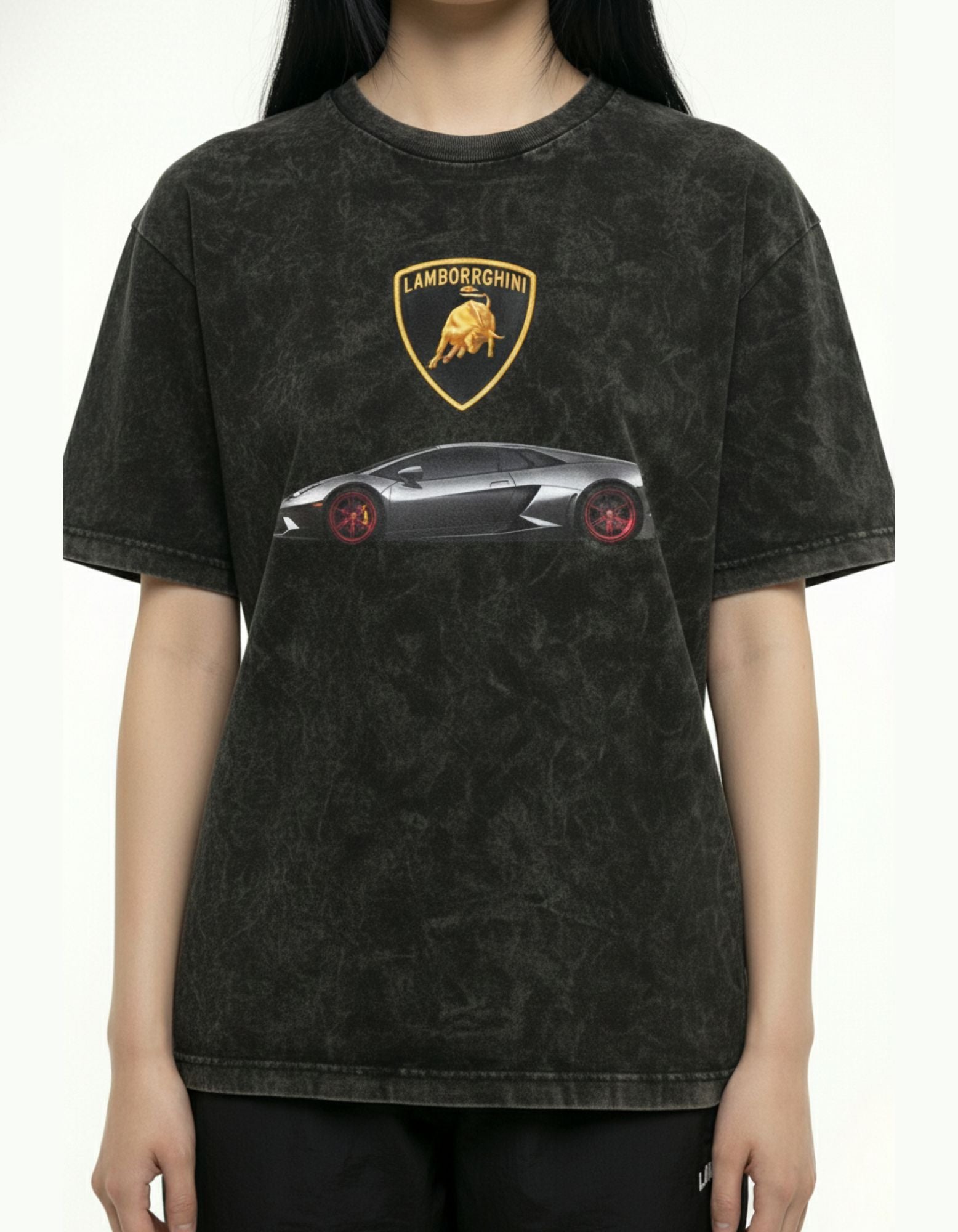 Premium washed black graphic t-shirt with a Lamborghini car print, styled for an edgy, high-end streetwear look.