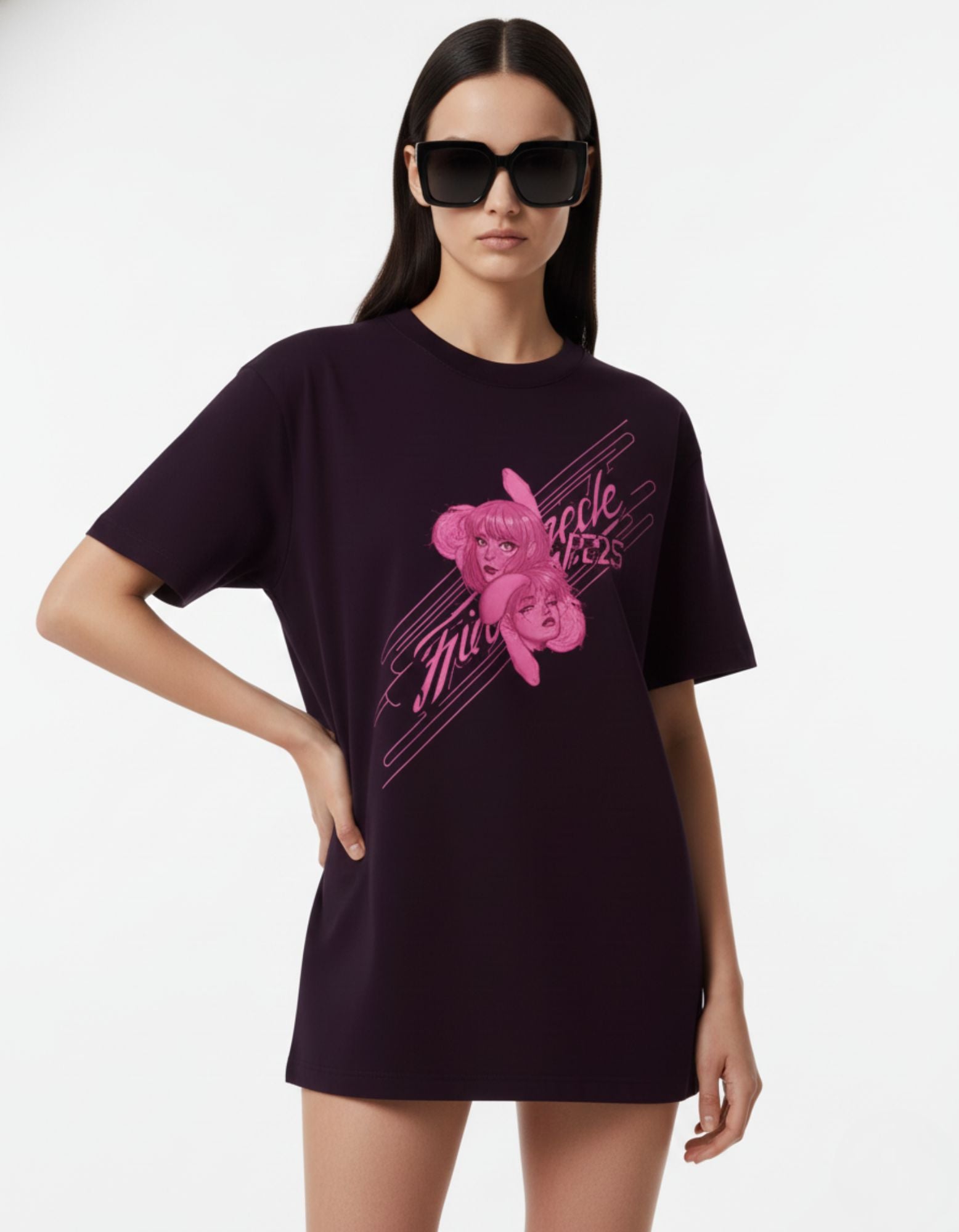 Pink Double Face Graphic Oversized T-Shirt