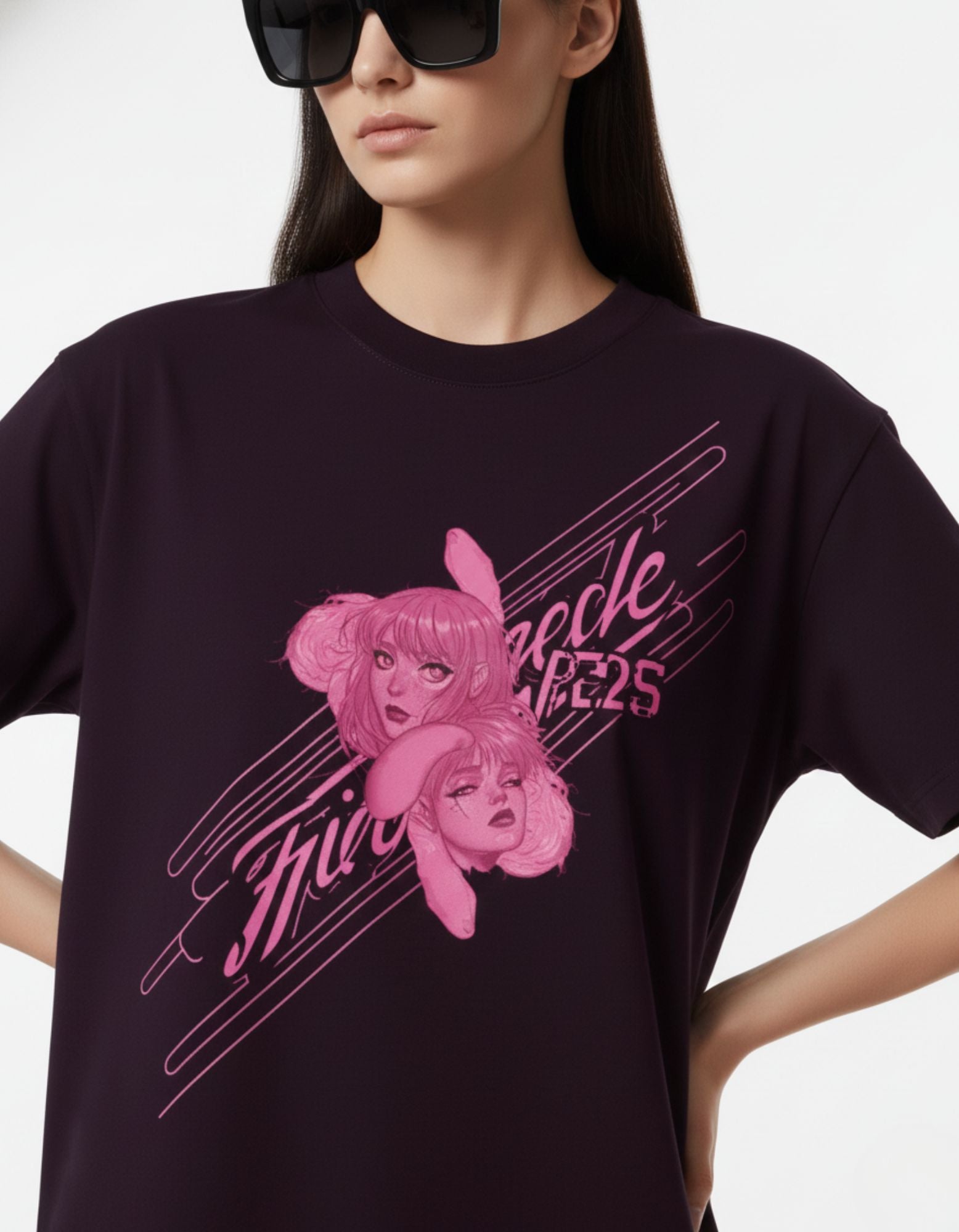 Pink Double Face Graphic Oversized T-Shirt
