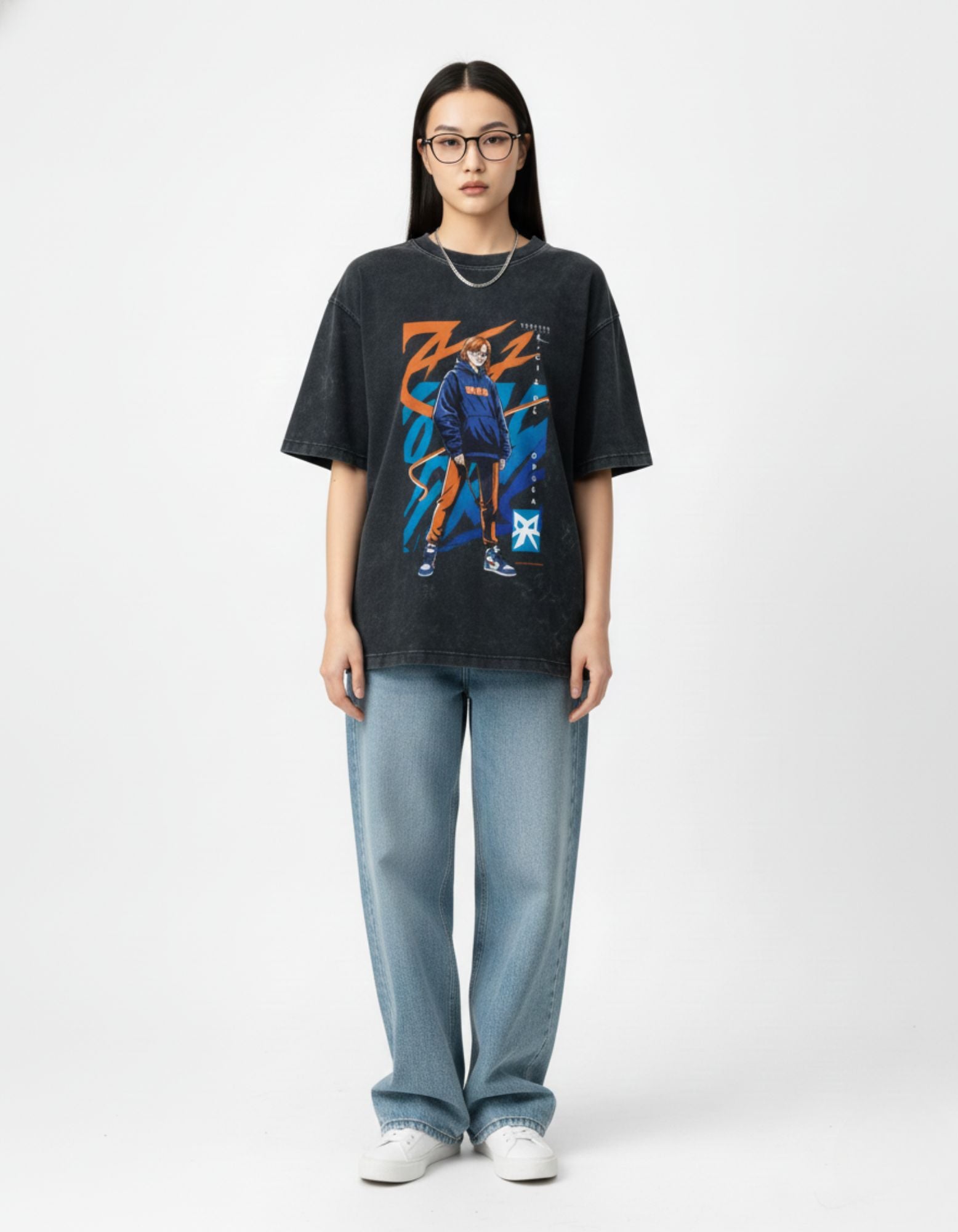 Acid Wash Oversized Anime Graphic T-Shirt