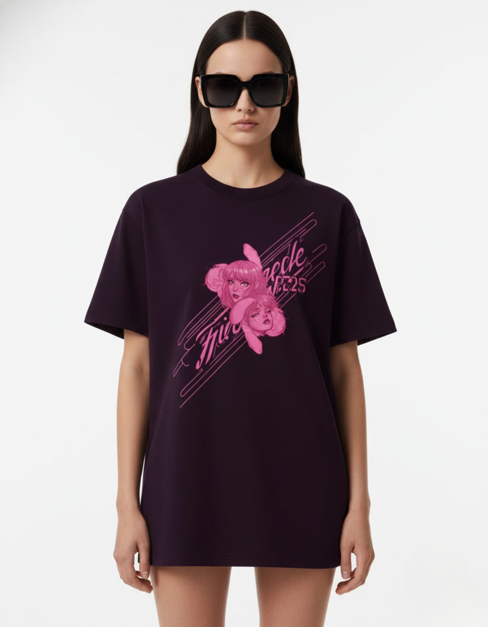 Pink Double Face Graphic Oversized T-Shirt