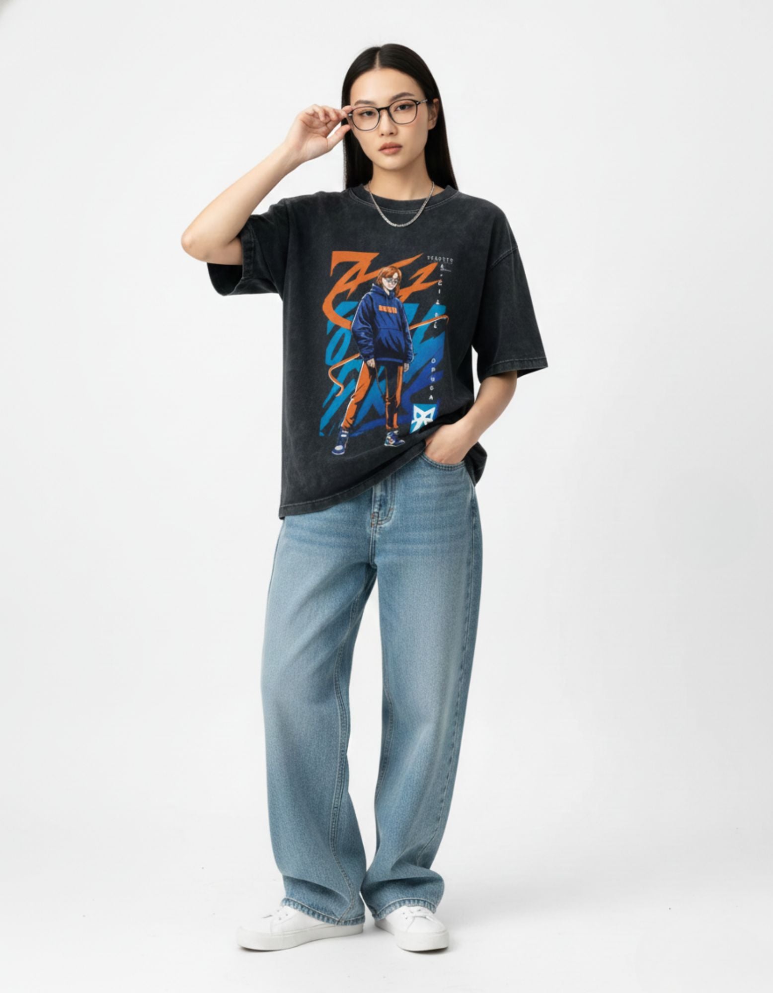 Acid Wash Oversized Anime Graphic T-Shirt