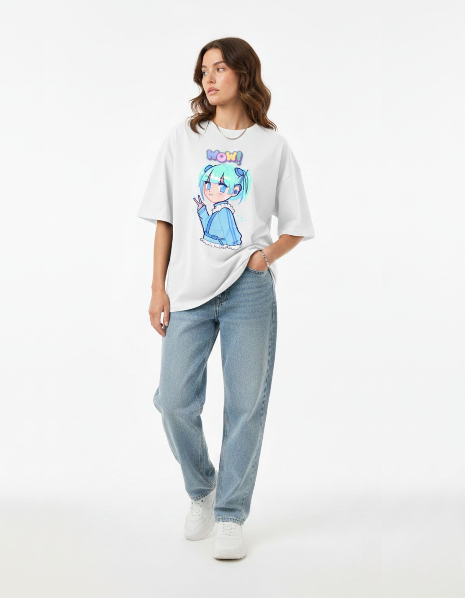 Terry Oversized T-Shirt with Girl Print and "WOW" Design – Make a Statement