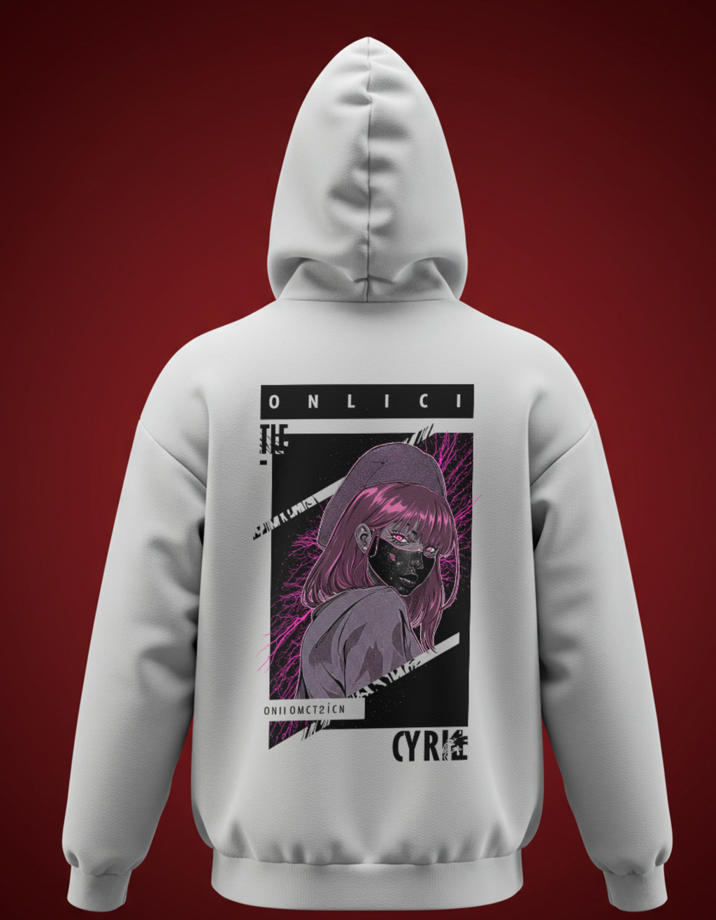 white Oversized  Hoodie with Cyber Anime Graphic