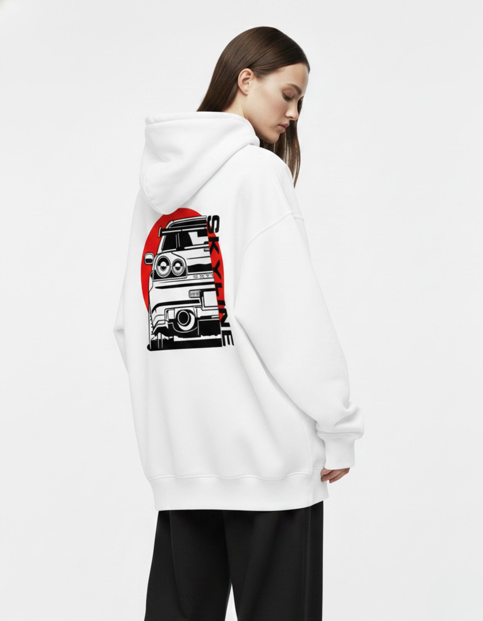 "Close-up of a white urban hoodie featuring a Japanese car culture inspired Skyline design for a minimalist streetwear aesthetic."