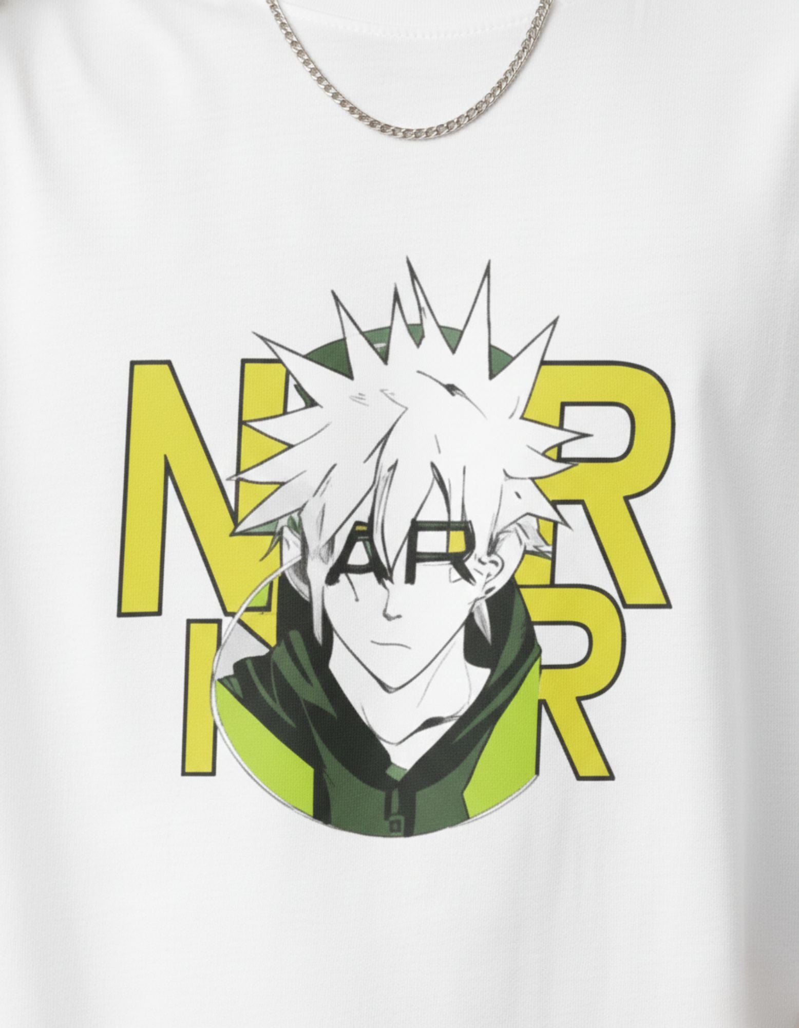 "Close-up of a white GENZs Fashion streetwear t-shirt featuring a green and yellow anime character graphic design."