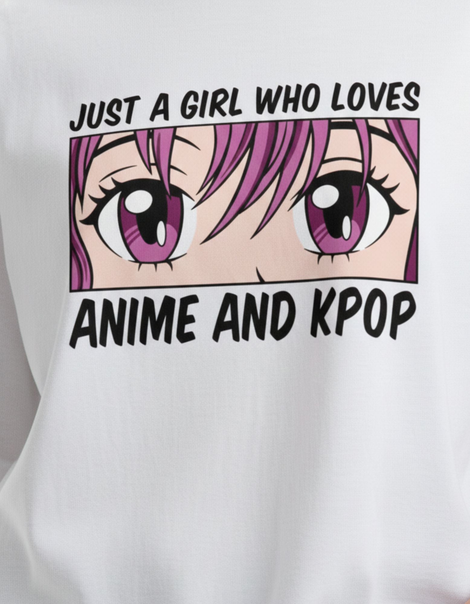 High-definition detail of the pink anime girl eyes graphic print on a premium cotton oversized t-shirt.