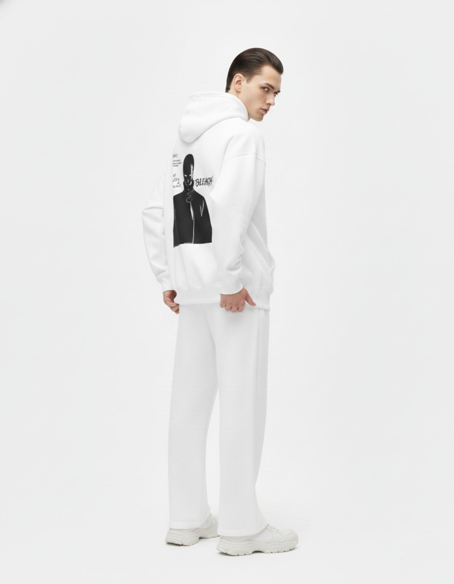 Premium white oversized hoodie for men with custom Bleach anime back print from GENZs Fashion streetwear collection.