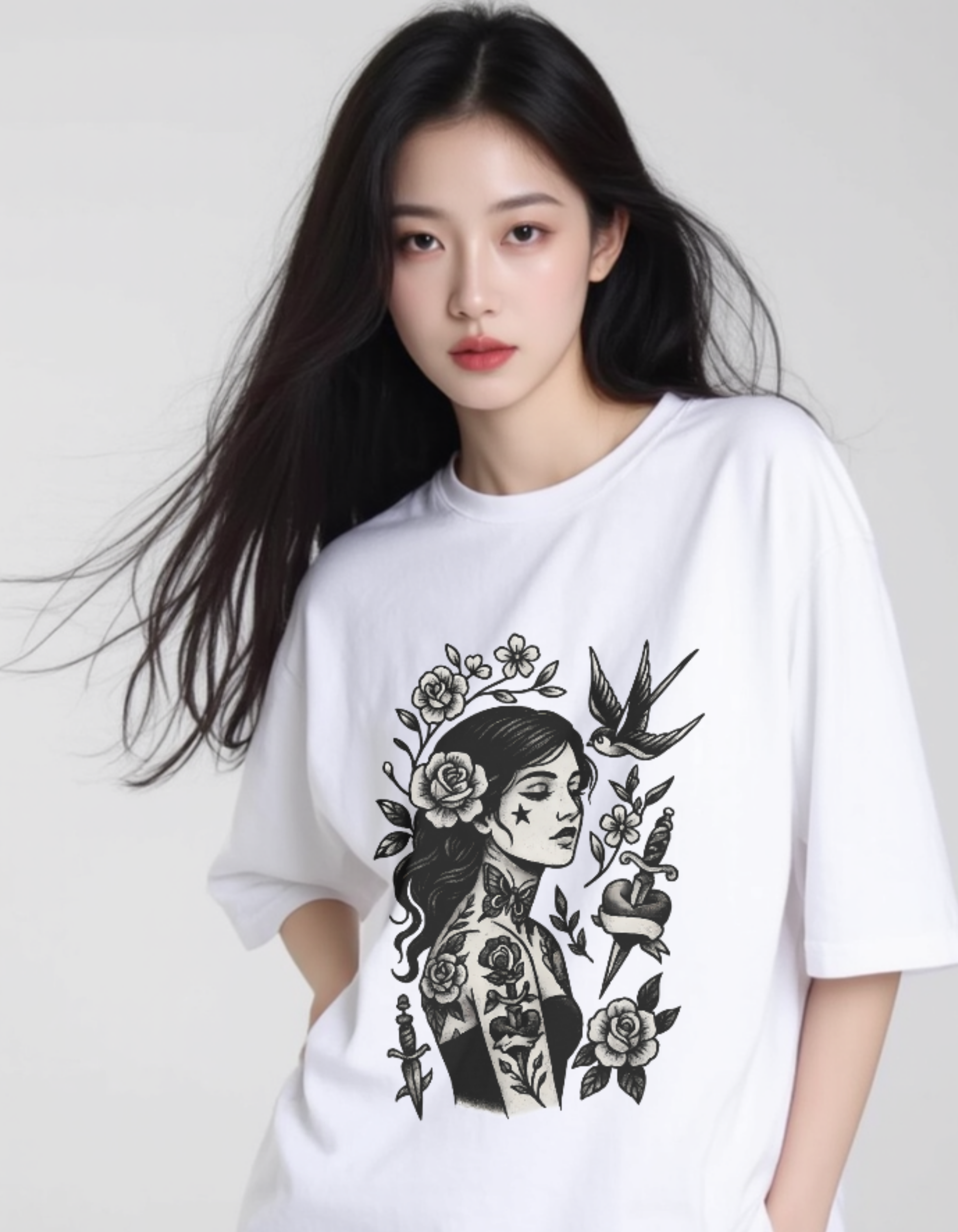 Tattoo Rose Graphic Oversized T-Shirt