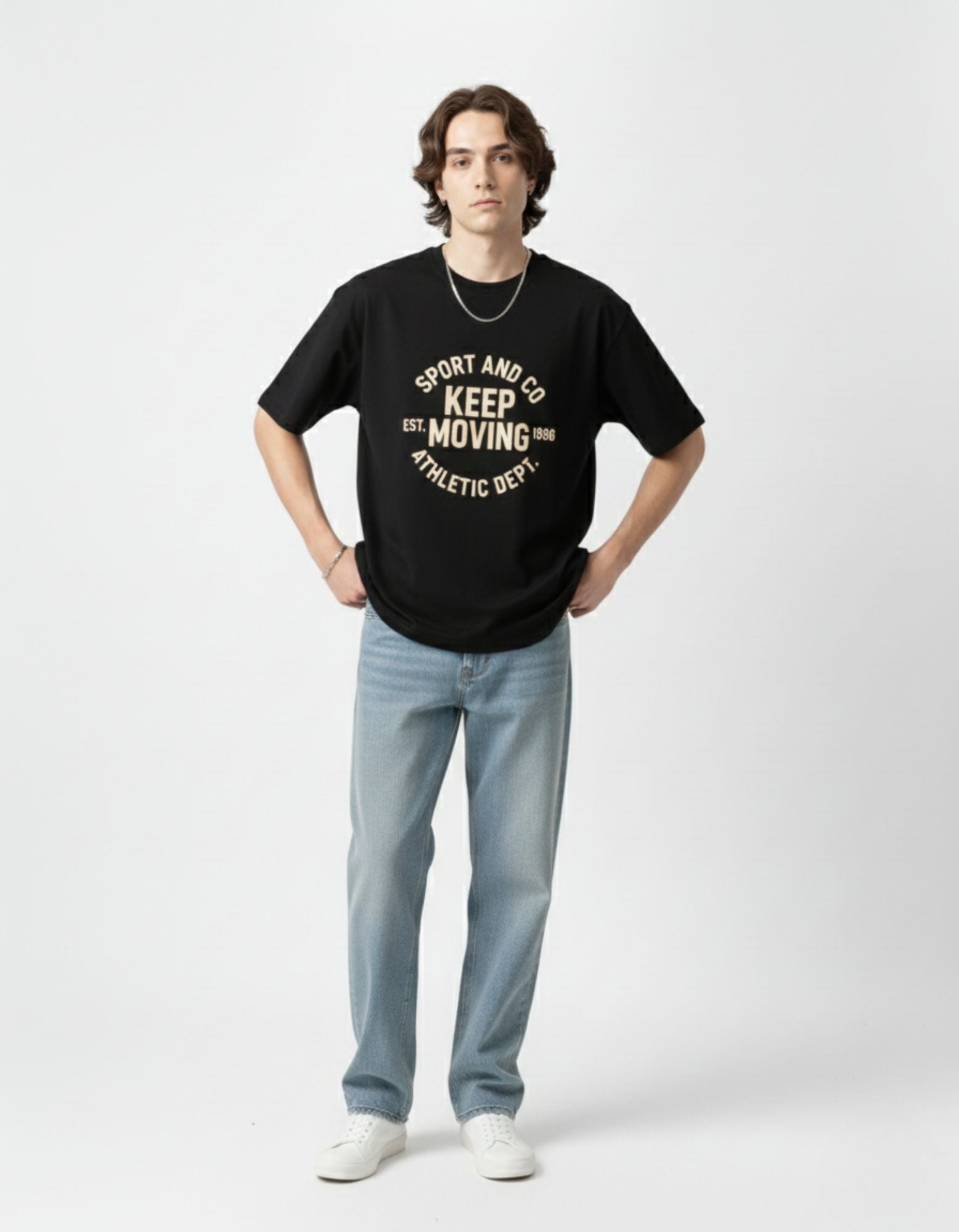Front view of a black graphic t-shirt for men, showcasing the premium streetwear aesthetic and durable neckline.