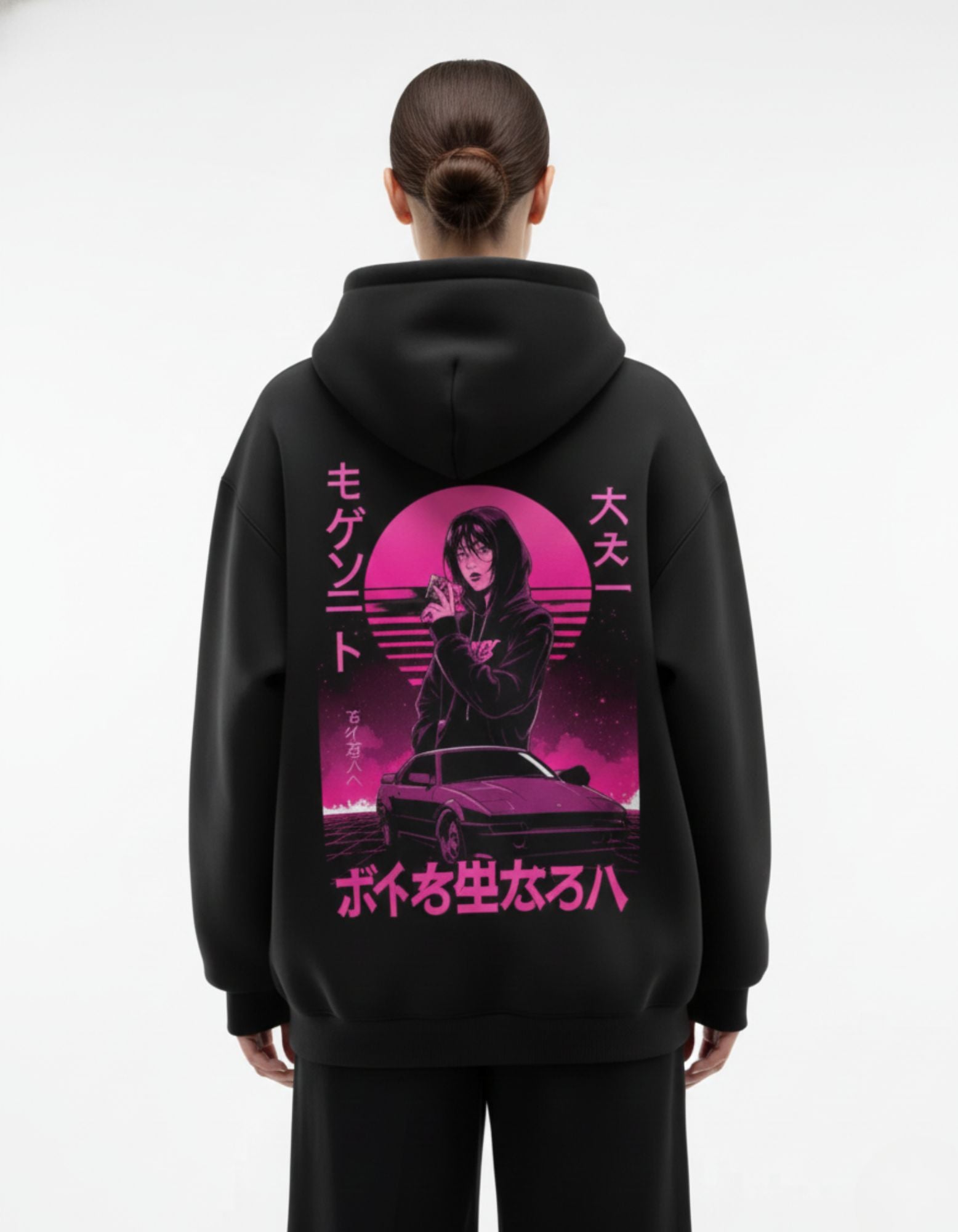 Back full view of black oversized hoodie with anime graphic print
