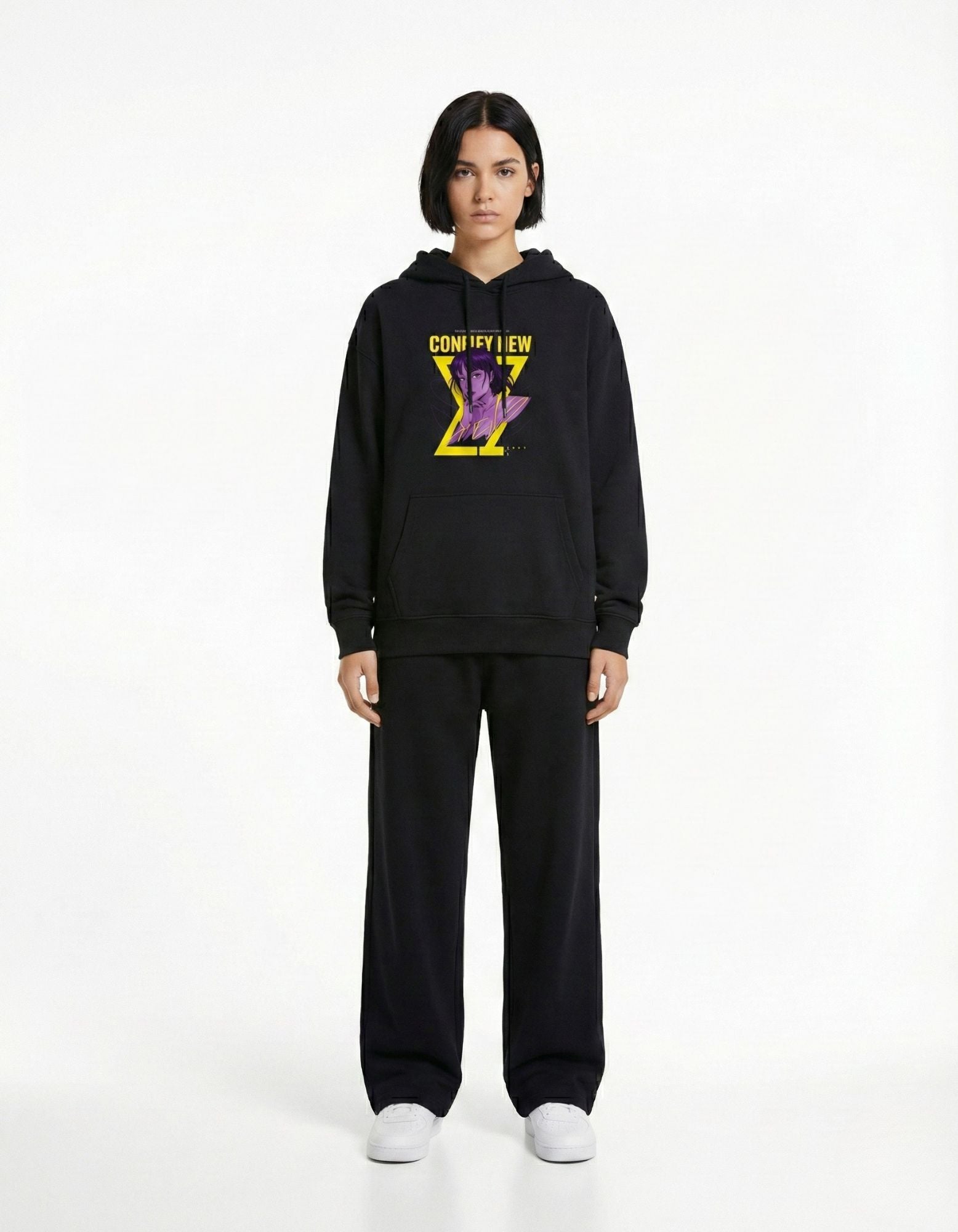 Front full view of black oversized hoodie with bold graphic print
