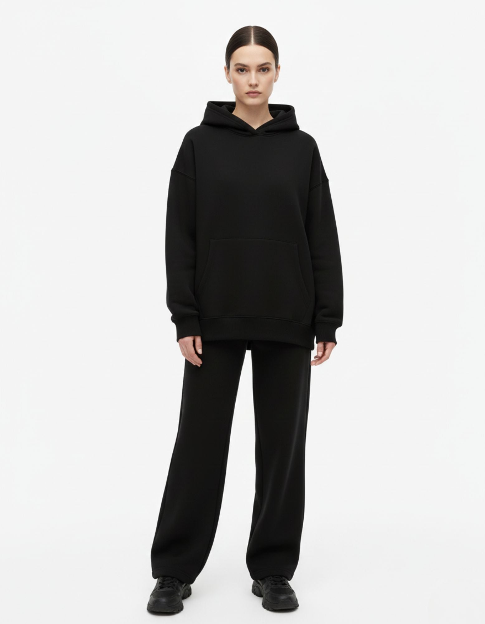 Black oversized hoodie front view with relaxed fit by Genzs Fashion