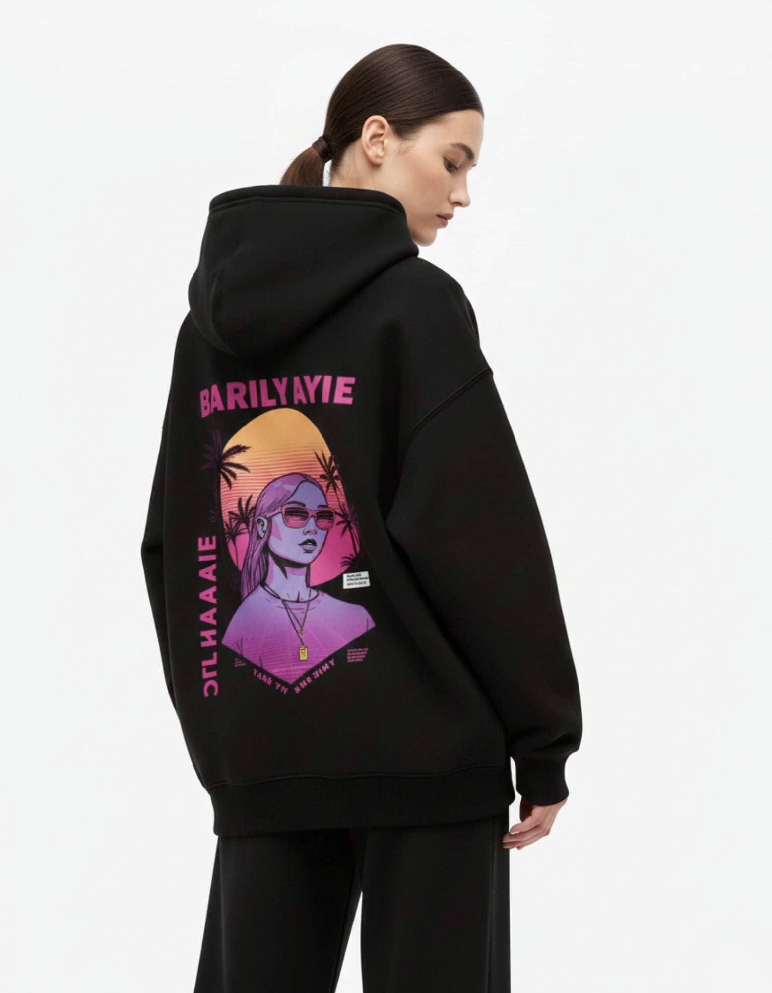 Close up of anime graphic print on black oversized hoodie by Genzs Fashion