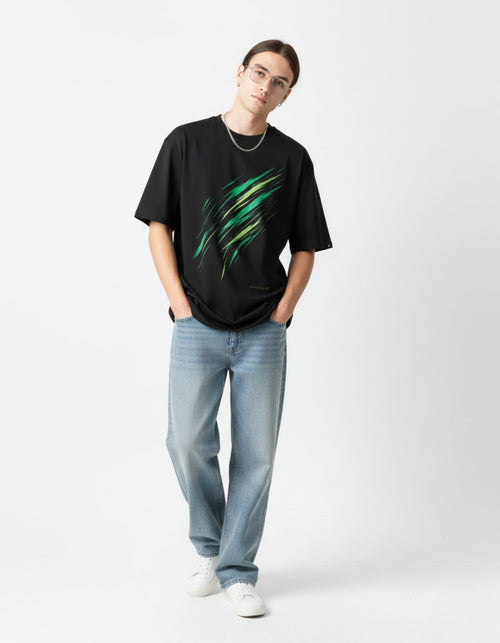 Trendy GENZY black graphic tee for men, inspired by anime culture and modern Indian streetwear trends.