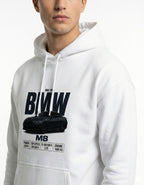 High-quality close-up of the BMW M8 car print and performance data on a GENZs Fashion white cotton hoodie.