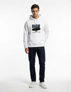 GENZs Fashion men’s white hoodie with BMW M8 graphic and technical specs, premium streetwear for car enthusiasts.