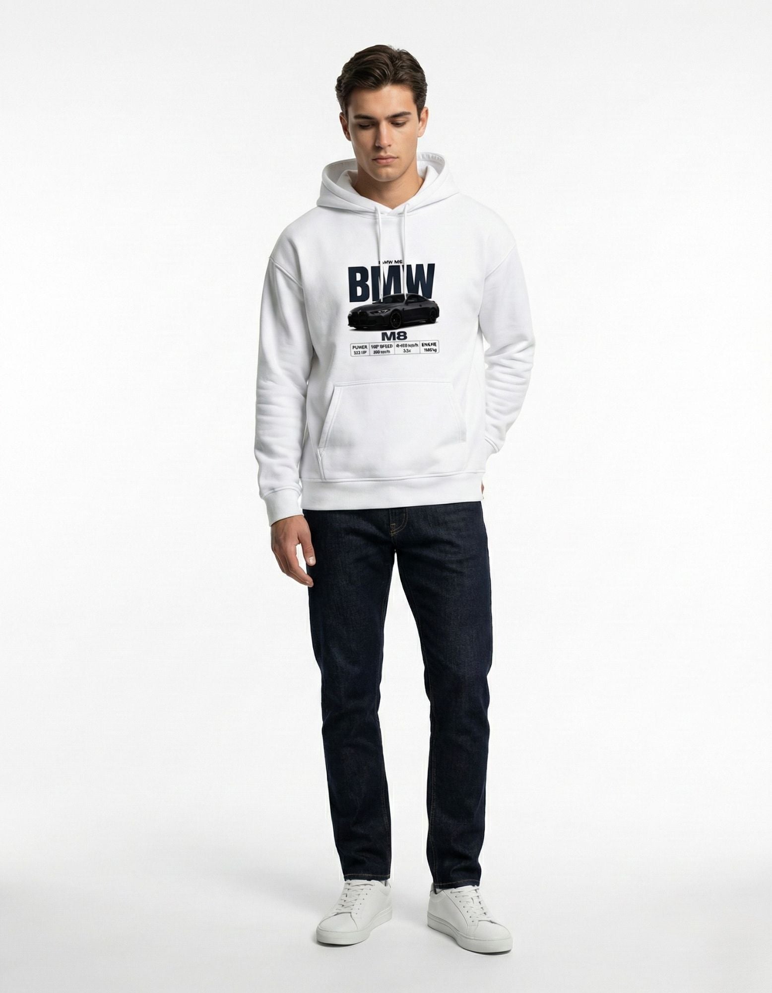 GENZs Fashion men’s white hoodie with BMW M8 graphic and technical specs, premium streetwear for car enthusiasts.