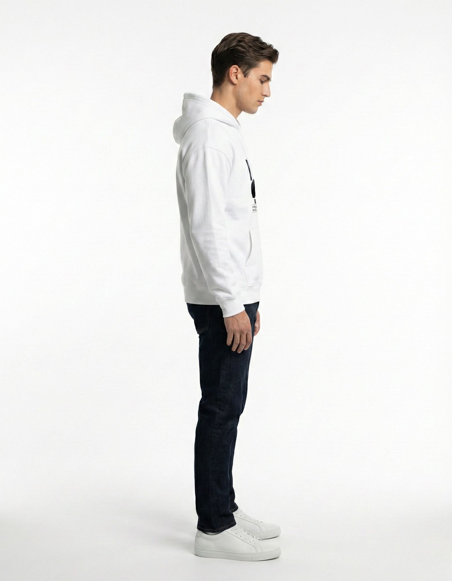 Side view of male model in white GENZs Fashion car-themed hoodie, showcasing the oversized fit and sleeve detail.