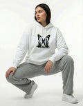 Female model in GENZs Fashion white butterfly graphic hoodie with Korean text, aesthetic streetwear style.