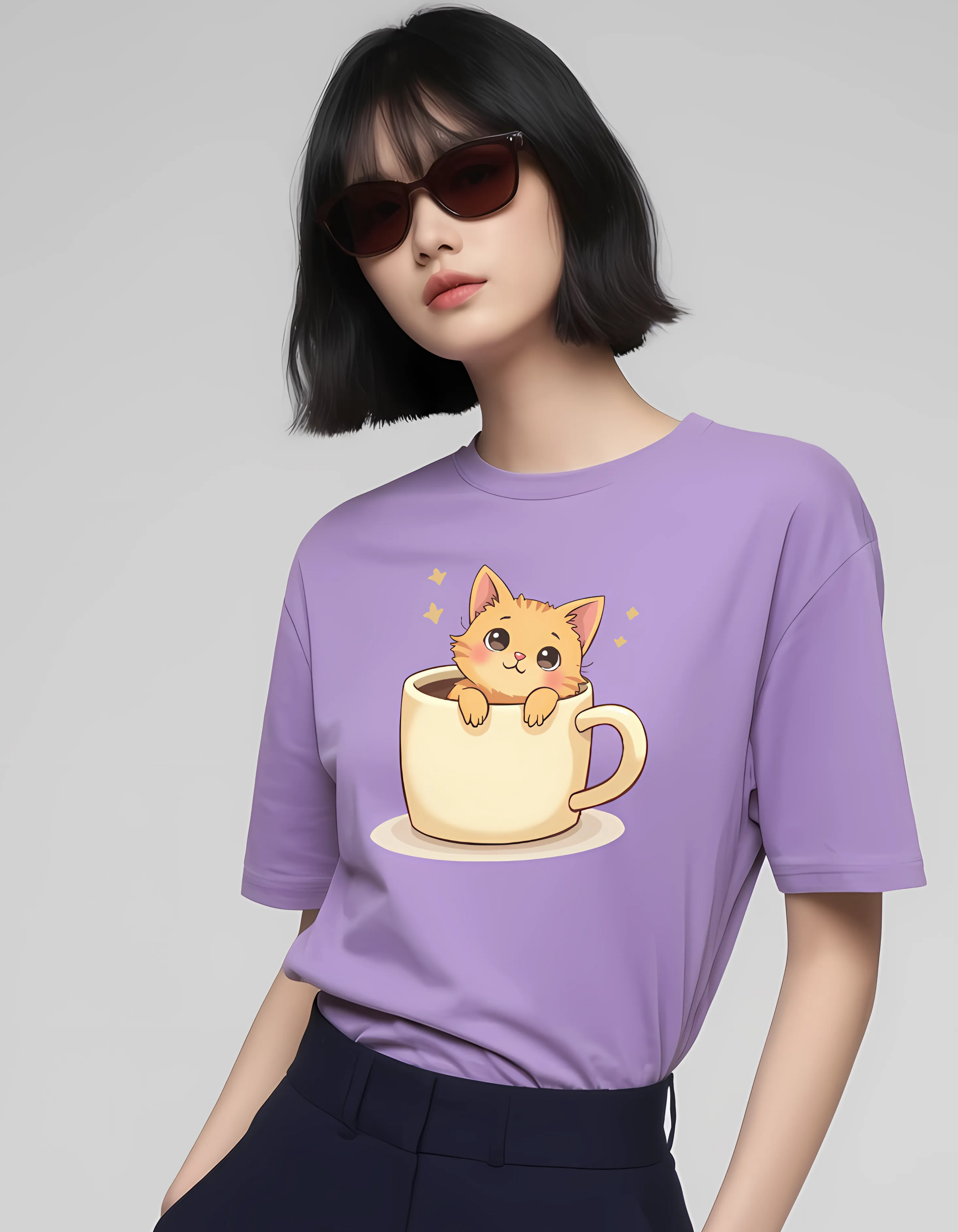 Supima Cotton T-Shirt with Cat in Cup Print