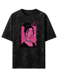 Acid Wash Oversized T-Shirt with Pink Anime Art