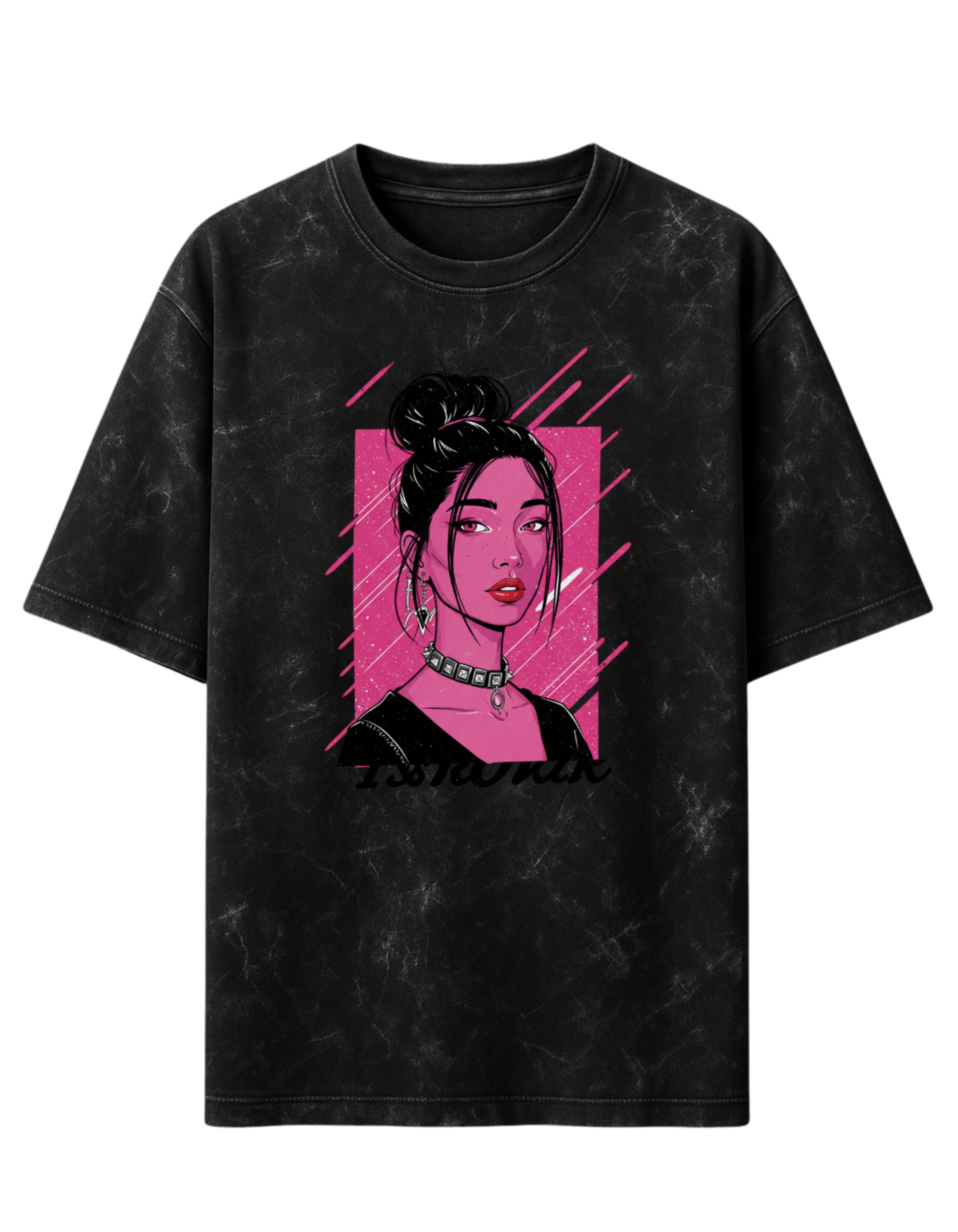 Acid Wash Oversized T-Shirt with Pink Anime Art