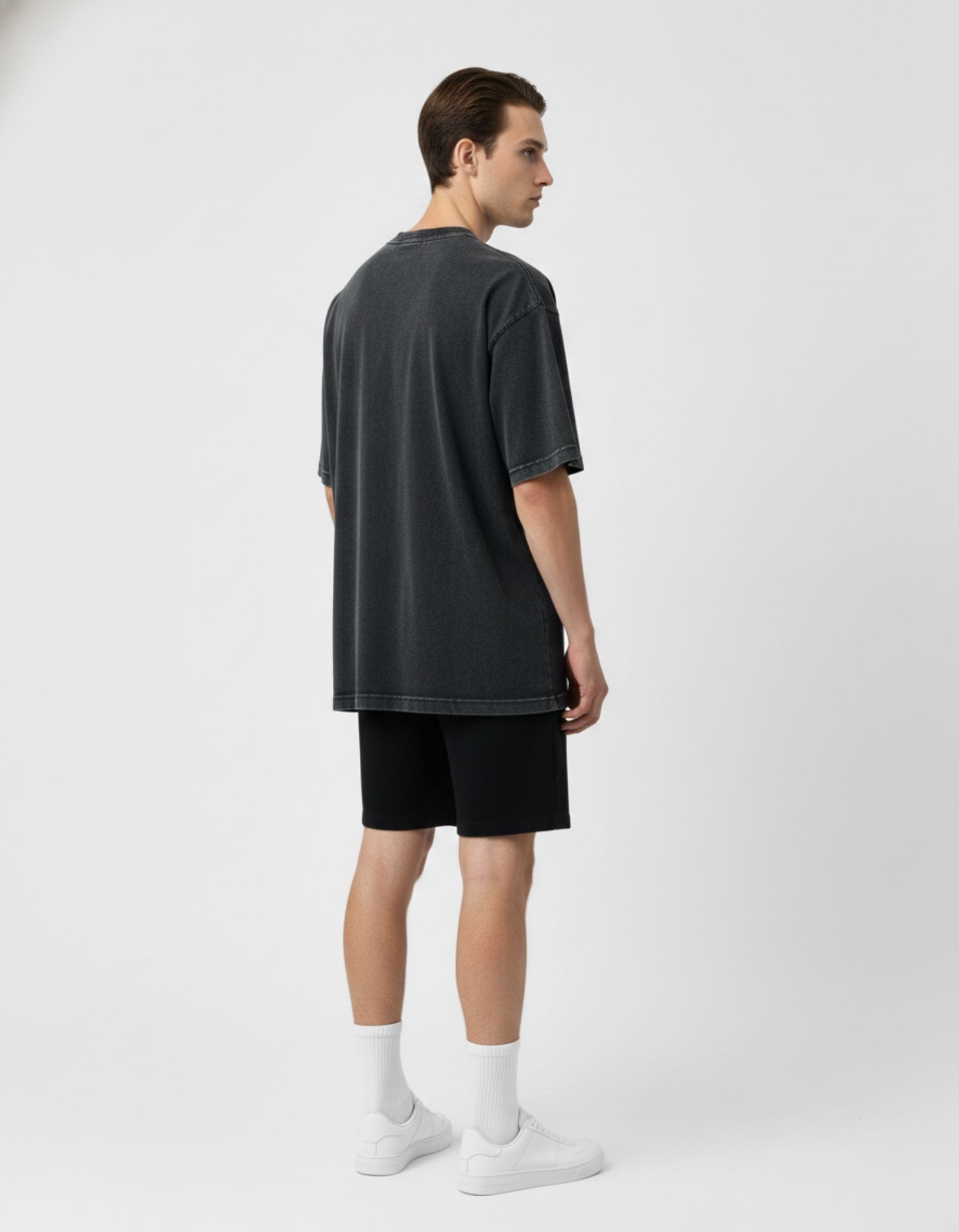Back view of the charcoal oversized streetwear t-shirt by GENZs Fashion, showing the high-quality vintage wash and boxy fit.