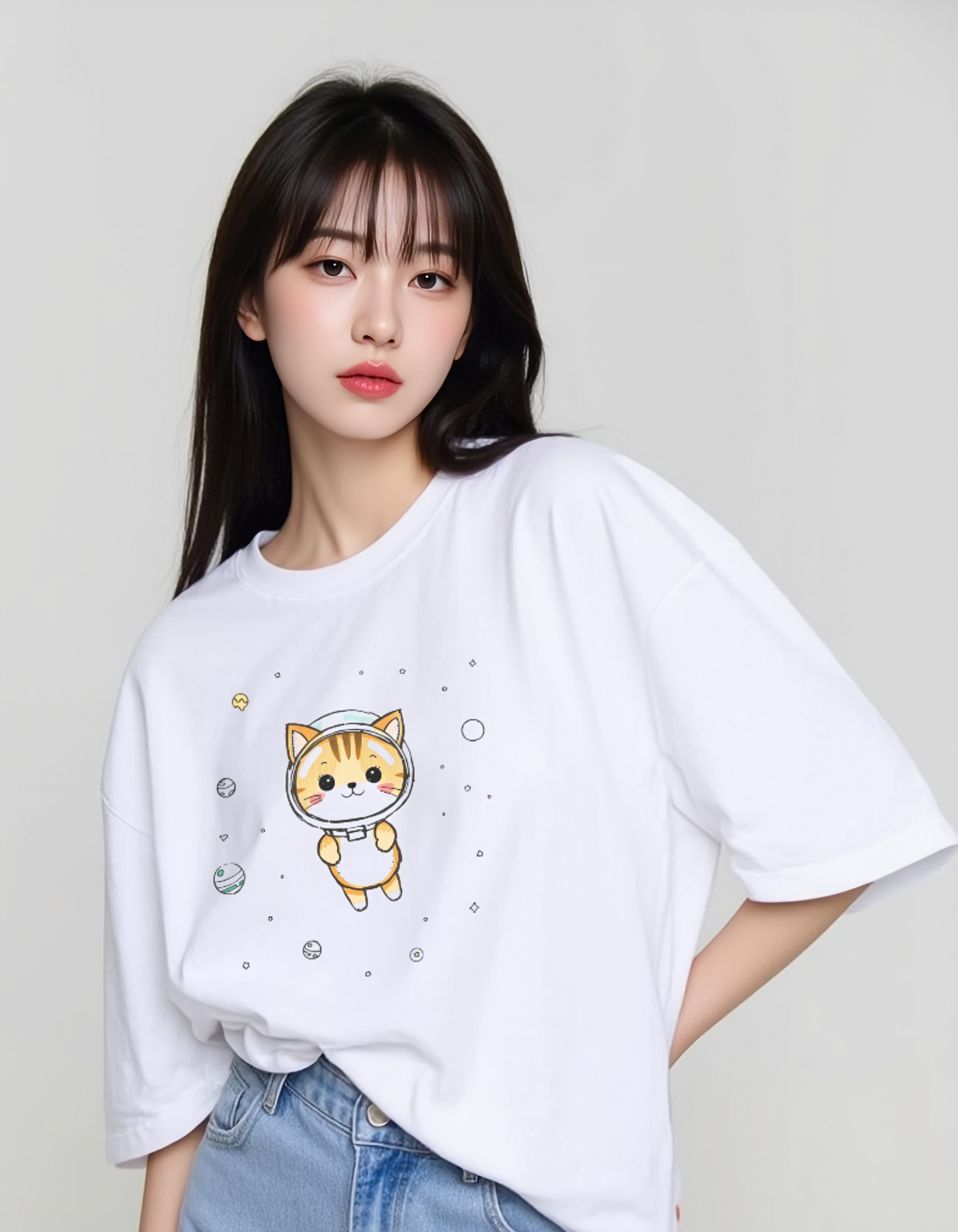 Space Cat White Graphic T-Shirt
