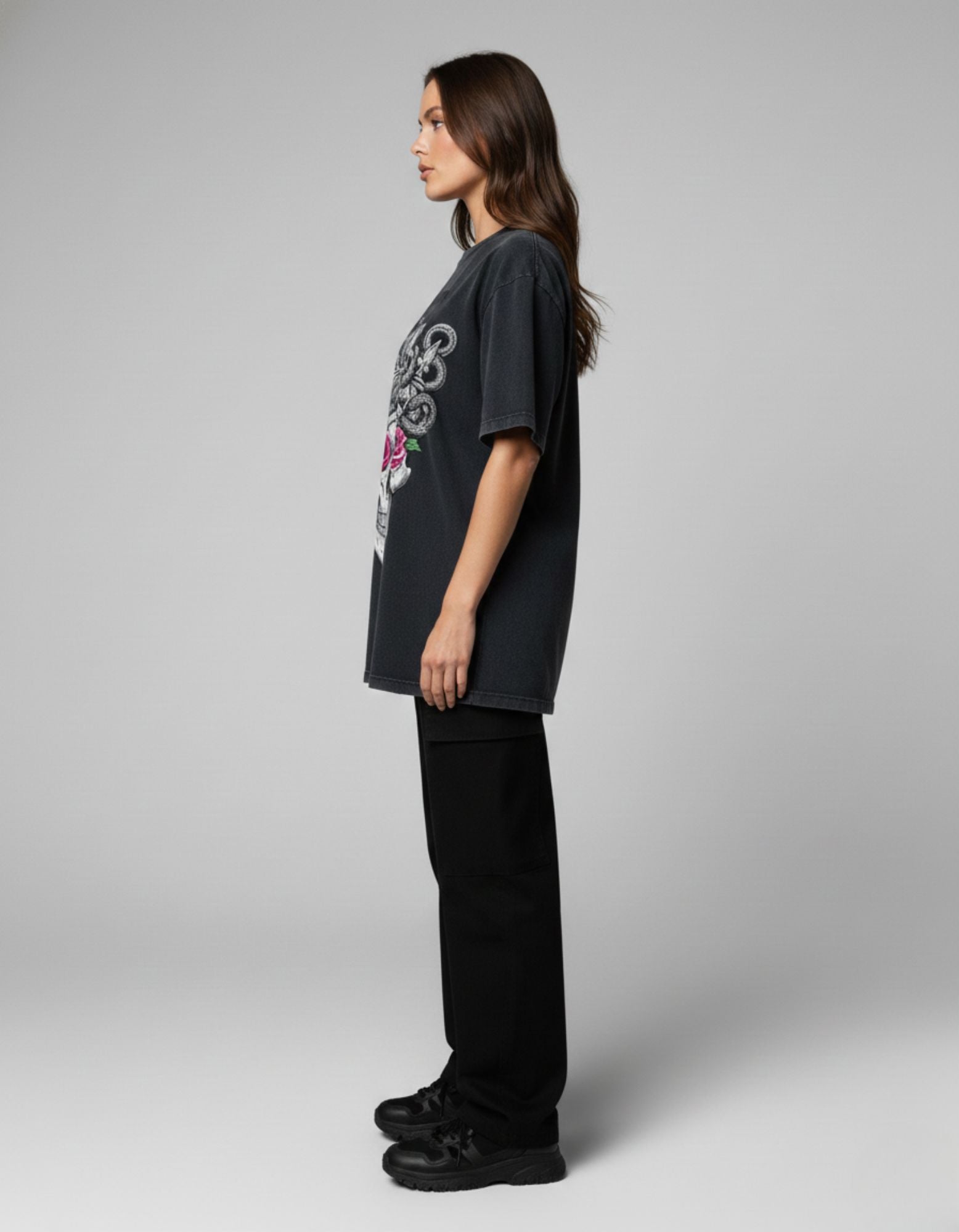 Side profile of GENZs Fashion oversized graphic tee showing the high-quality fabric and comfortable streetwear fit.