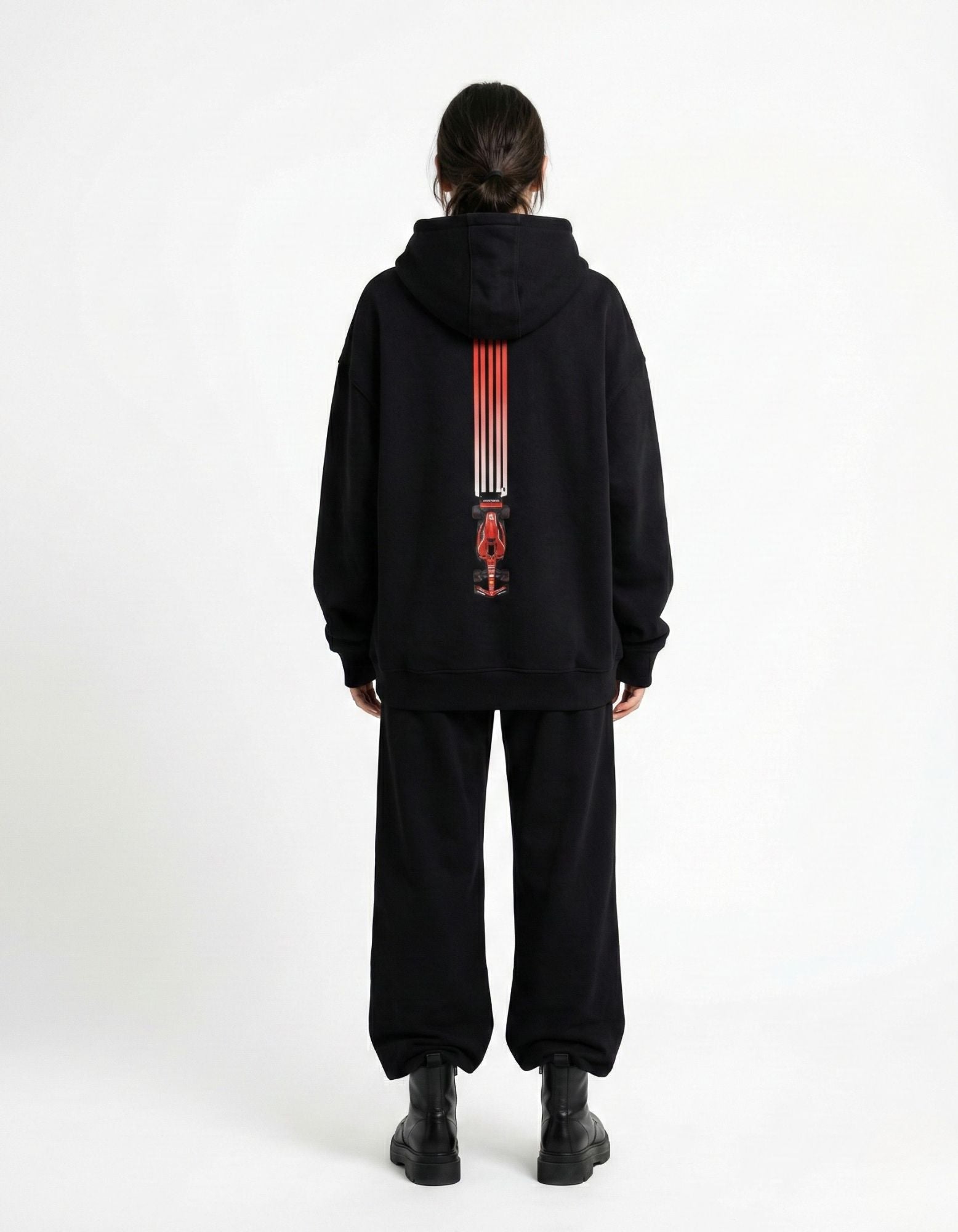 Full back view of the black GENZs Fashion hoodie with red Ferrari-inspired racing car graphic, minimalist streetwear style.