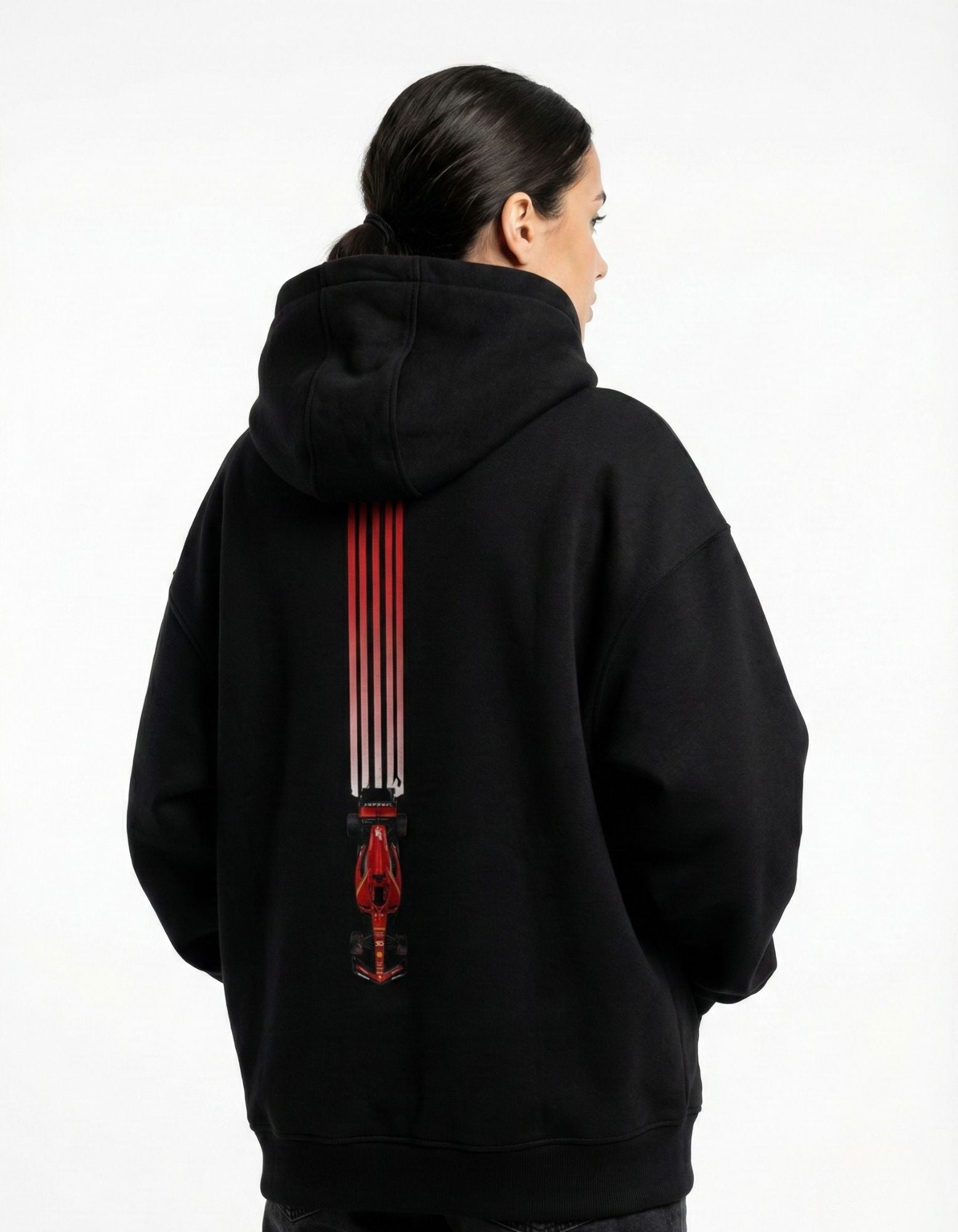 GENZs Fashion black oversized hoodie with a red Formula 1 racing car graphic on the back, F1 aesthetic for women.