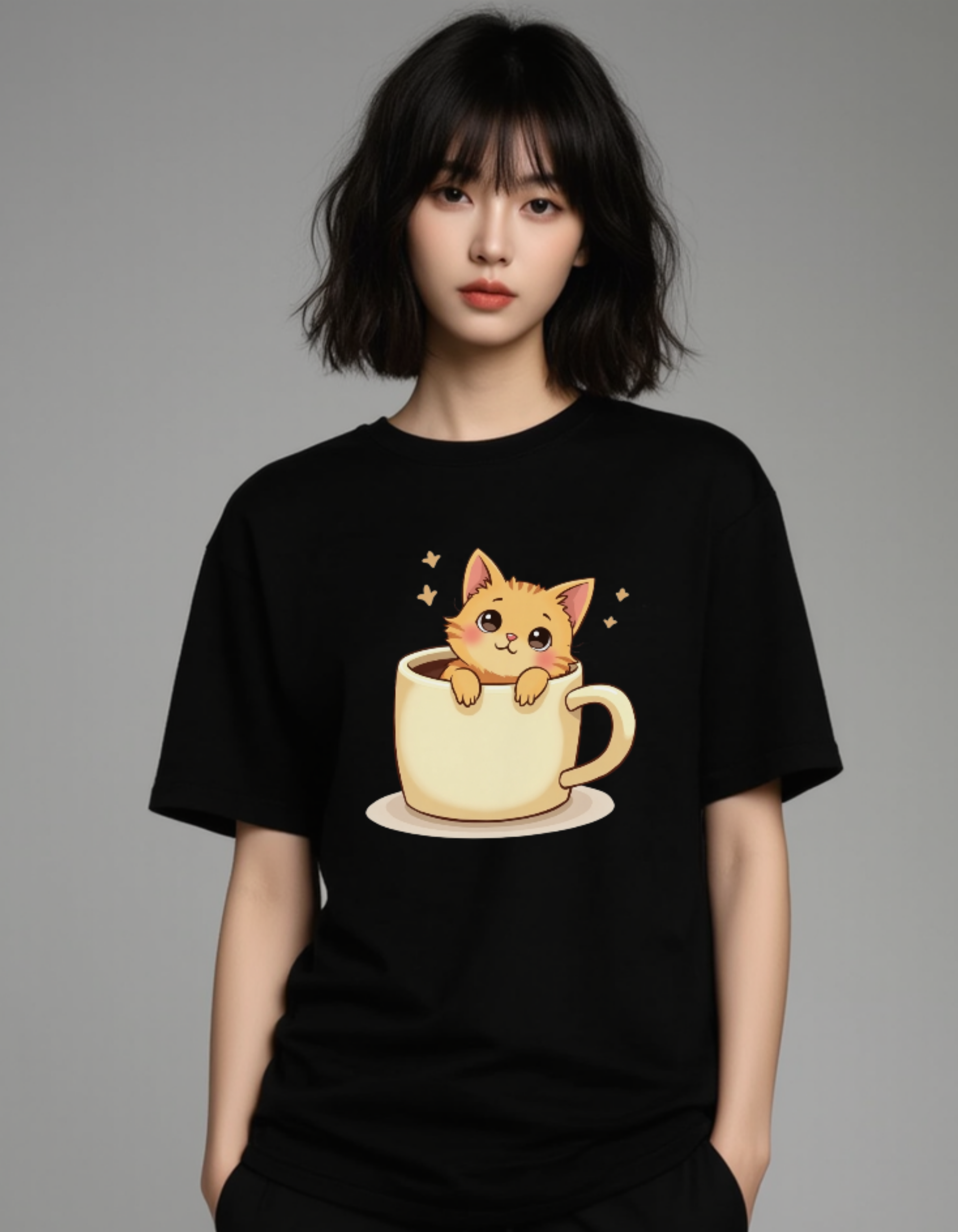 Supima Cotton T-Shirt with Cat in Cup Print