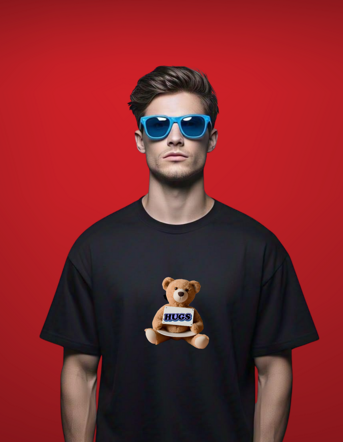 Oversized Black T-Shirt with Huggable Teddy Graphic