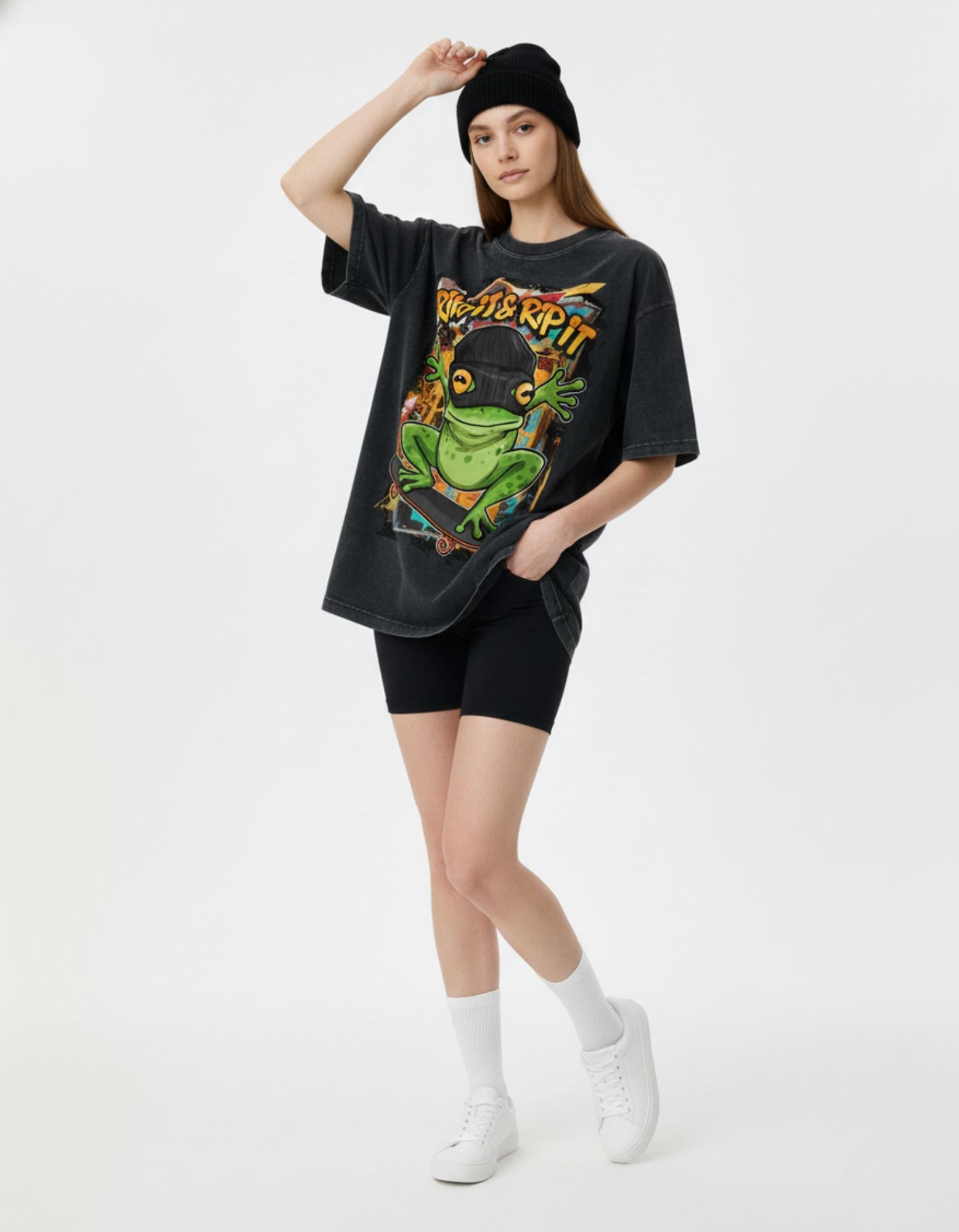 Shop the latest Gen Z streetwear aesthetic with this charcoal "Ribit & Rip It" graphic t-shirt and black beanie outfit.
