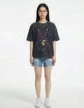 "Front view of GENZs Fashion charcoal acid wash oversized t-shirt featuring a neon peace sign graphic and 'Good Energy' text."