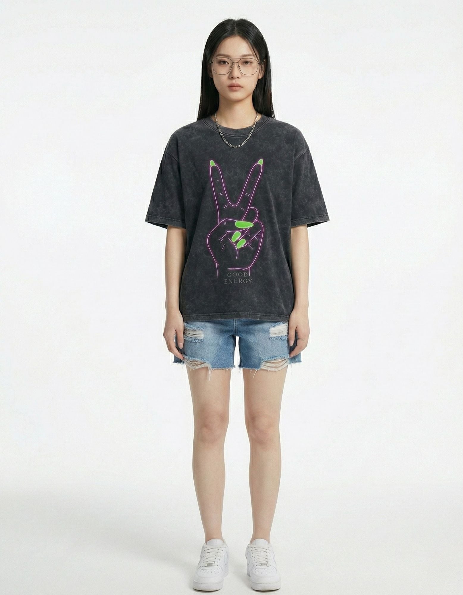"Front view of GENZs Fashion charcoal acid wash oversized t-shirt featuring a neon peace sign graphic and 'Good Energy' text."