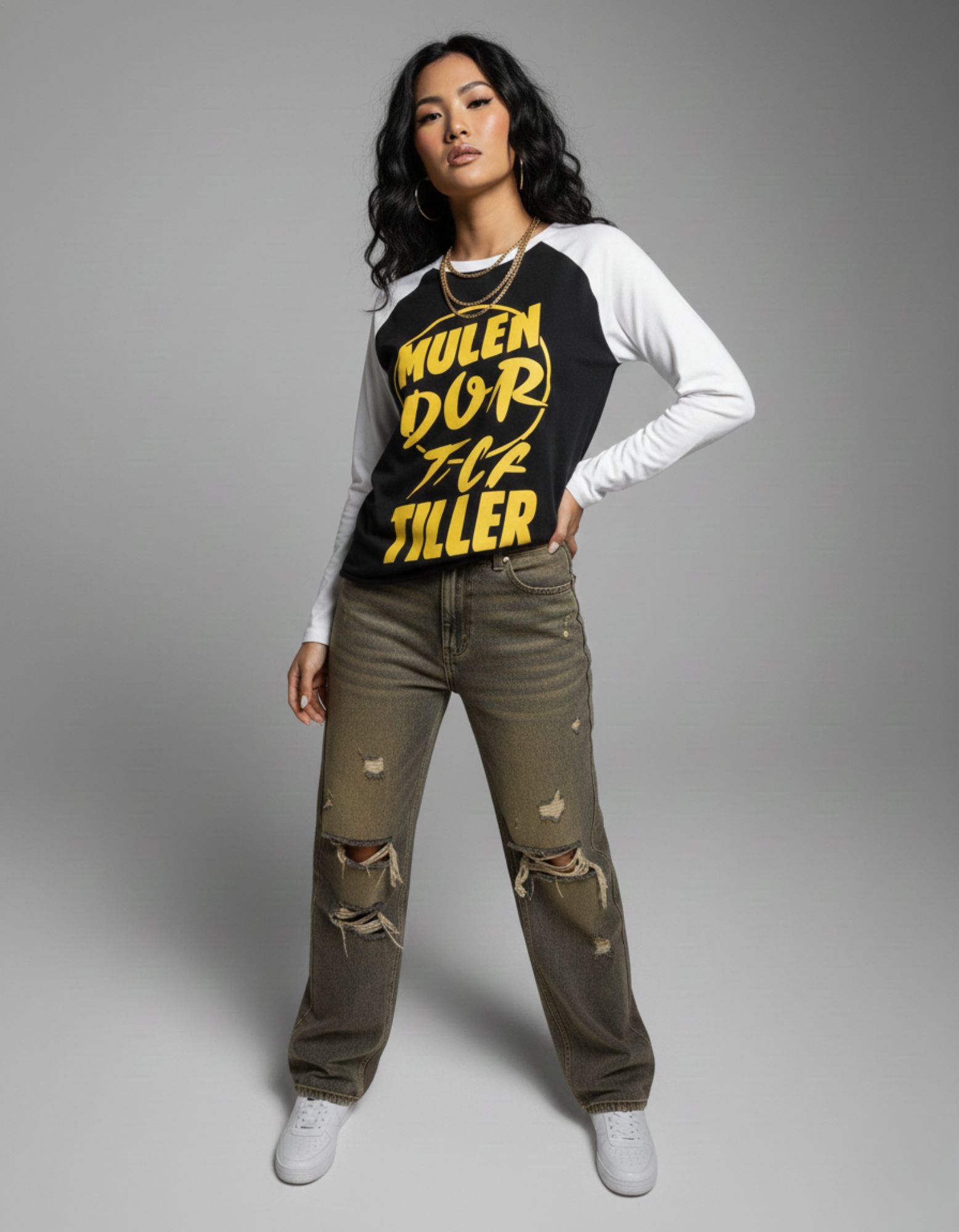 Full-length view of GENZs Fashion raglan graphic tee for women, styled for a 2025 premium Indian streetwear look.