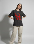 GENZs Fashion black baggy fit t-shirt for women with red LOVE graphic, premium 240 GSM heavyweight cotton streetwear.