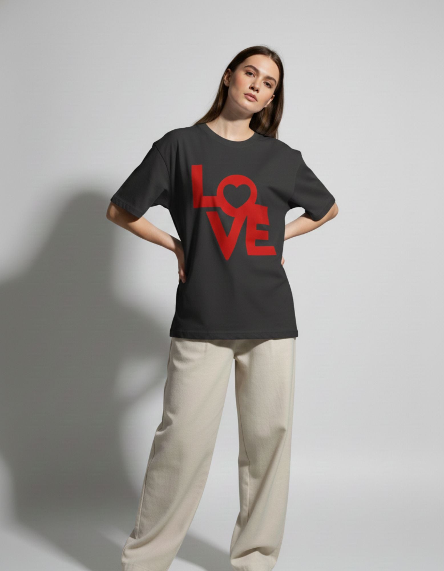 GENZs Fashion black baggy fit t-shirt for women with red LOVE graphic, premium 240 GSM heavyweight cotton streetwear.