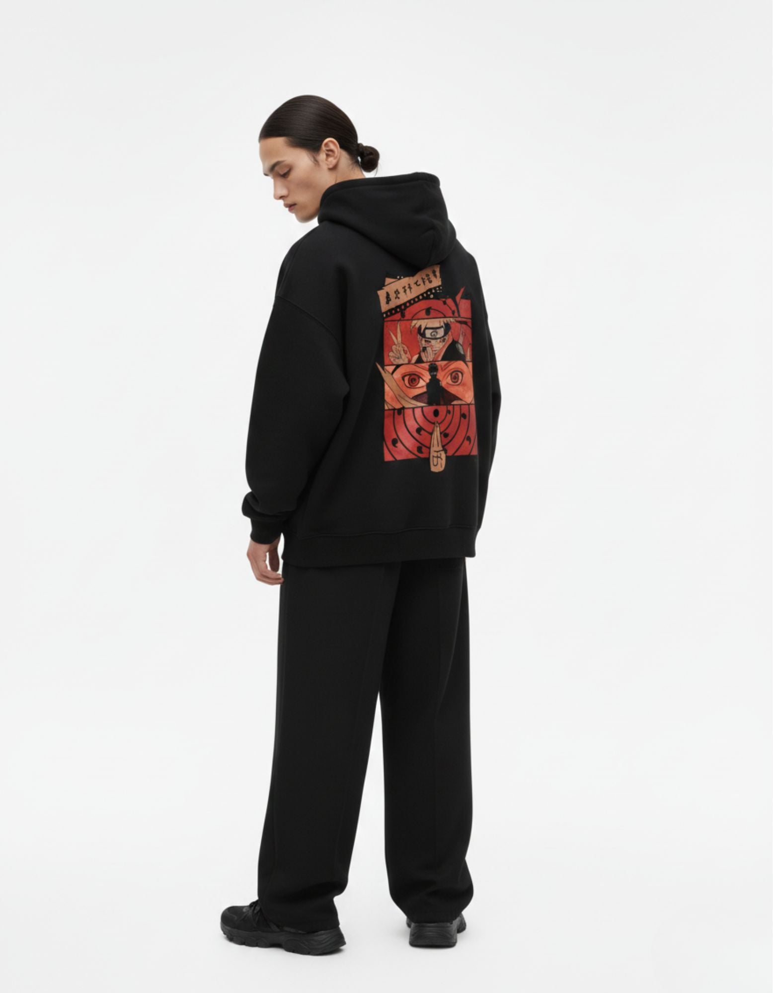 Back view of a black GENZs Fashion hoodie featuring a high-quality Naruto and Kakashi Sharingan graphic panel.