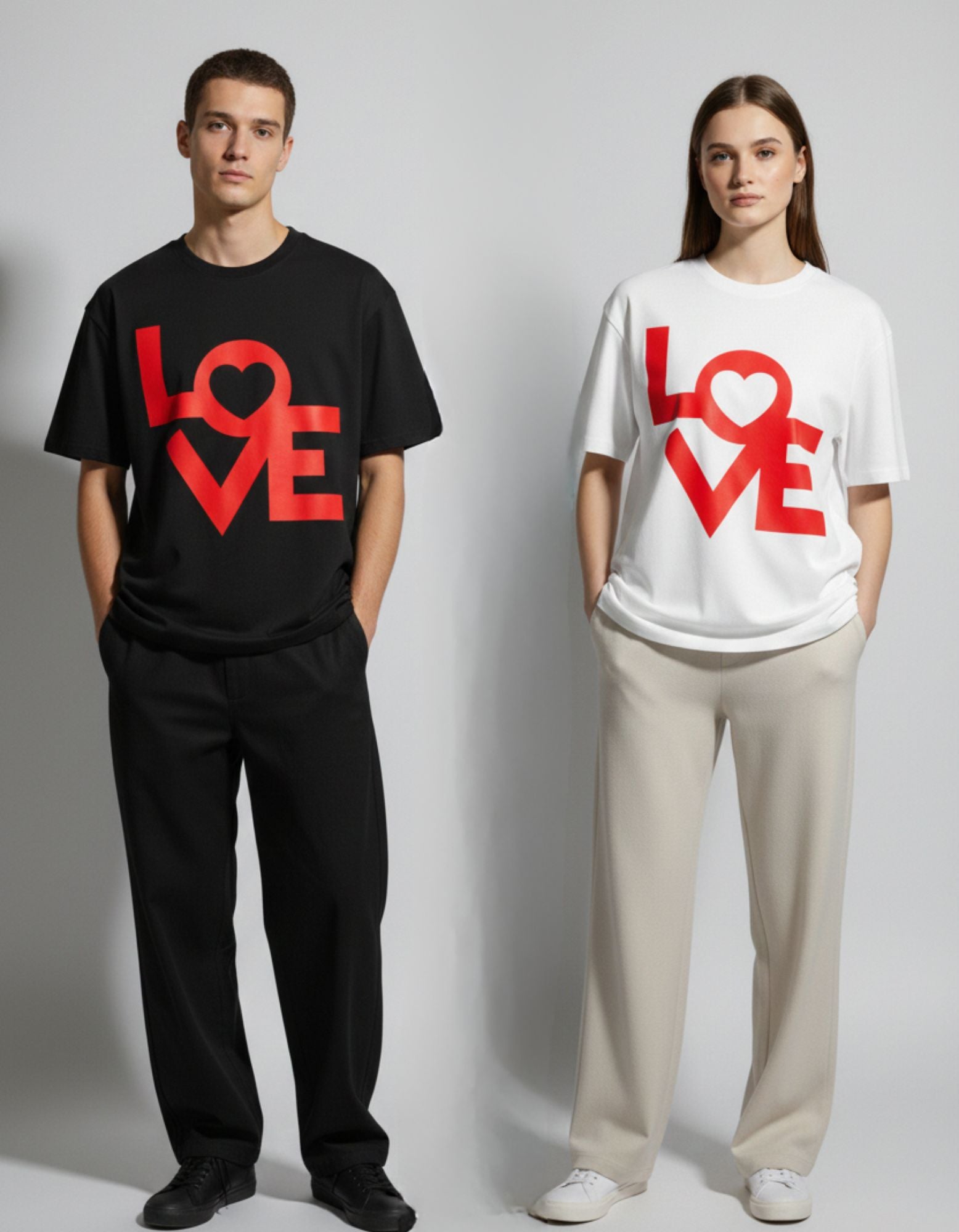 Matching couple oversized LOVE graphic t-shirts in black and white, trending Gen Z aesthetic streetwear in India.
